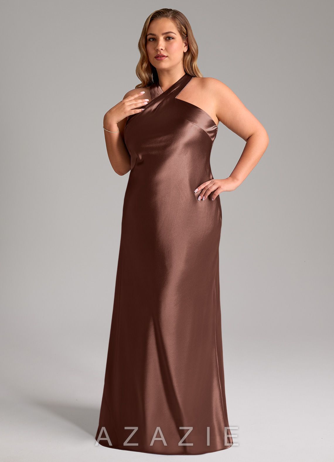 Azazie Doretta Espresso Mermaid Bow Metallic Satin Dress espresso