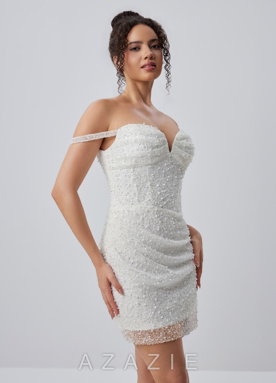 Solamarina White Beading Lace Sequin Embroidery Off-the-Shoulder Mini Dress