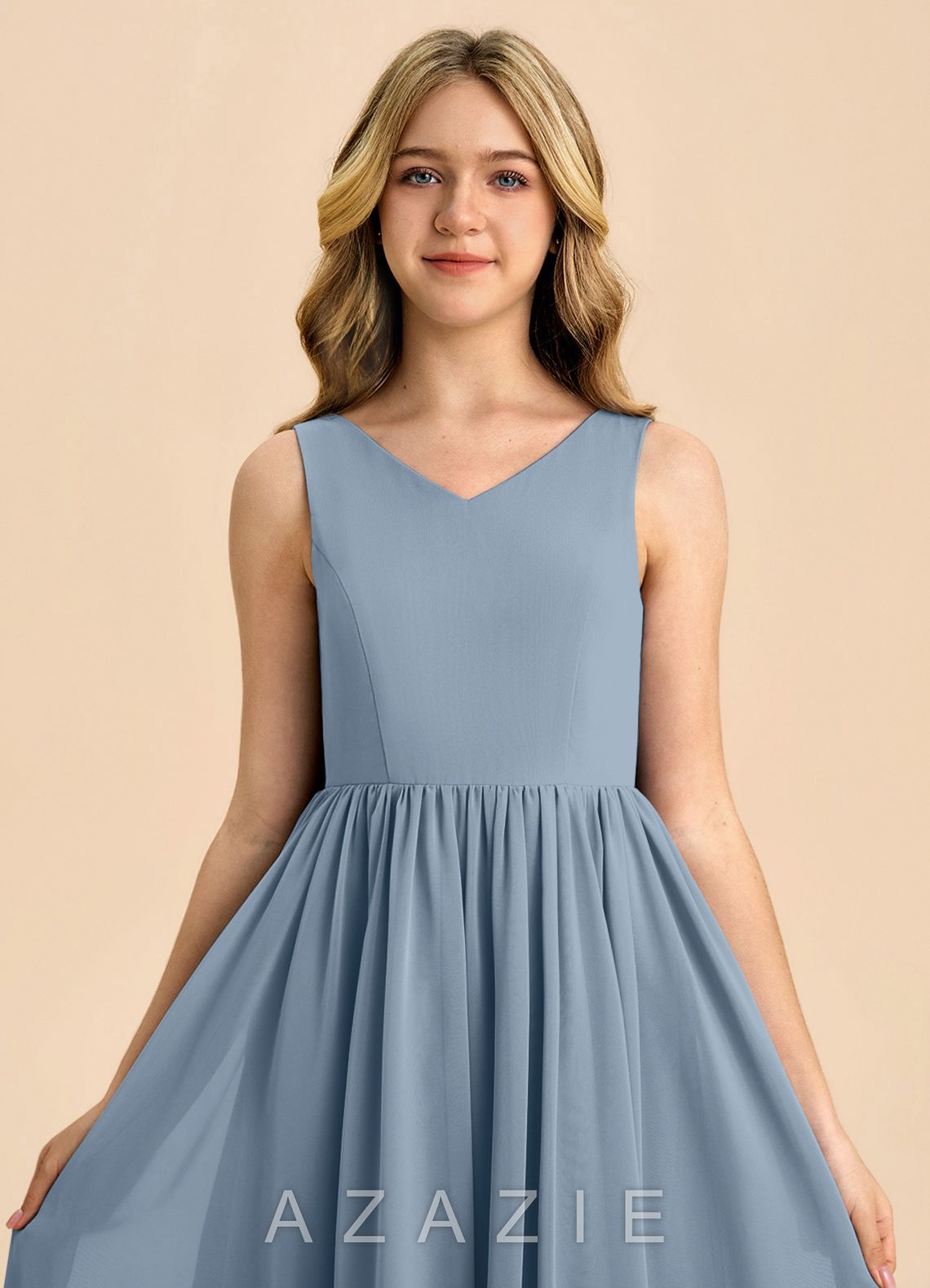 Azazie Hathaway Junior Dusty Blue A-Line Bow Chiffon Dress dusty_blue