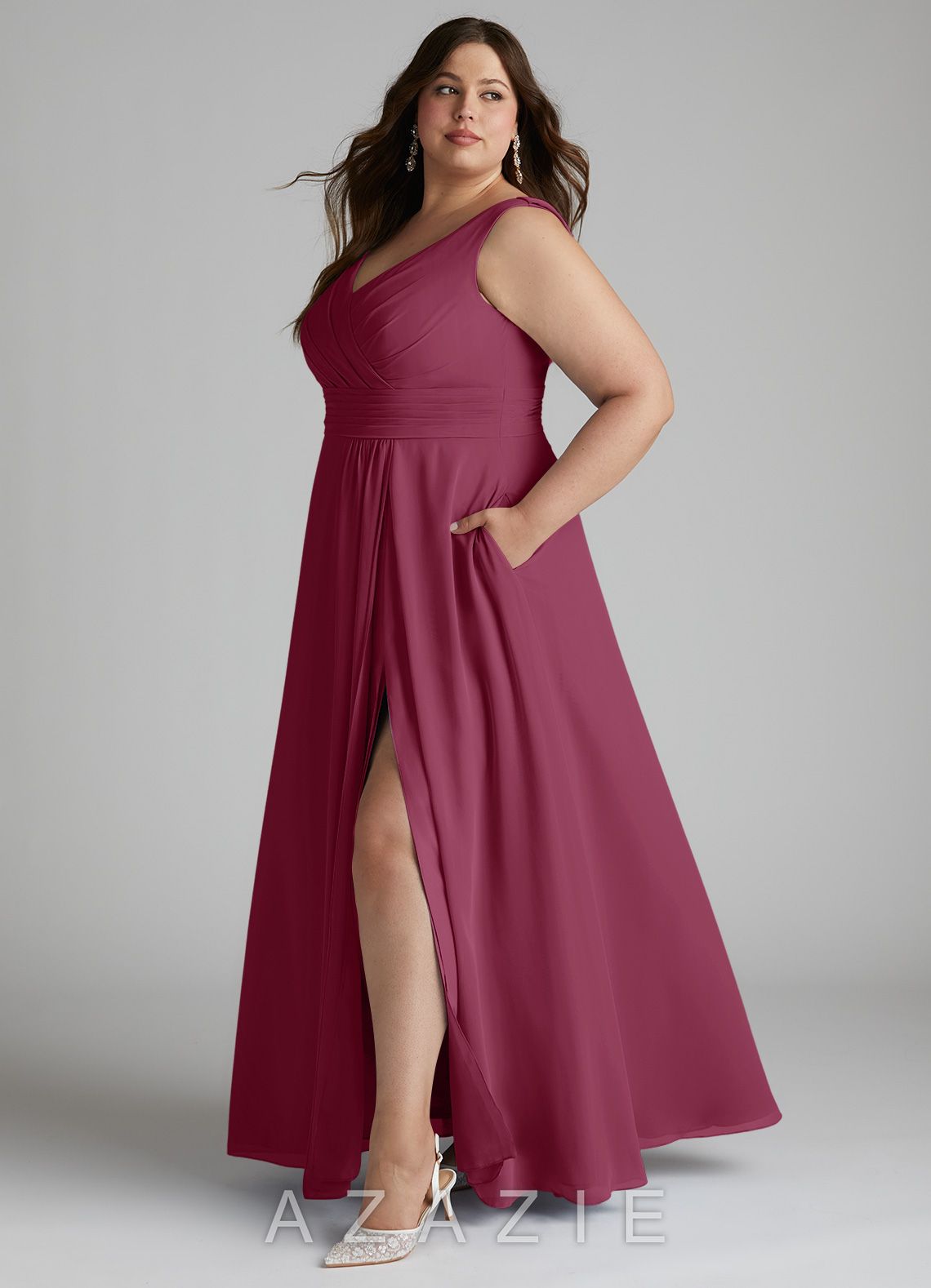 Azazie Karina Mulberry A-Line Pleated Chiffon Dress mulberry