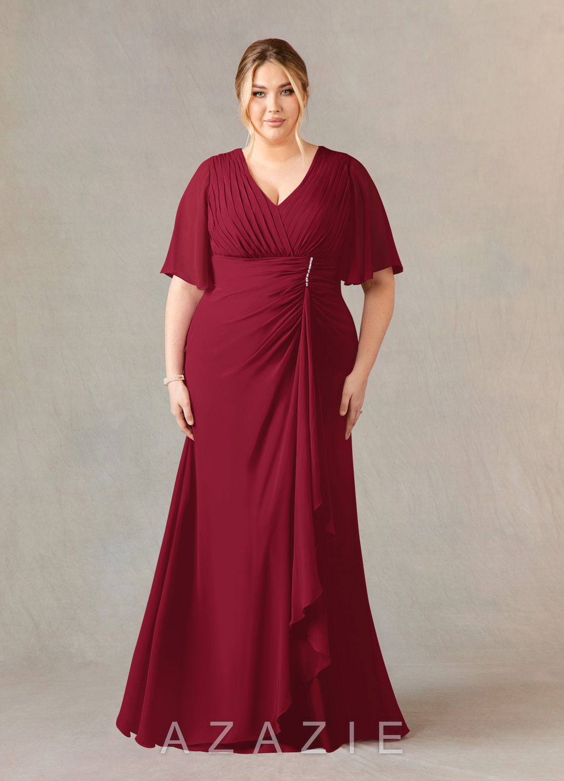 Azazie Carson Burgundy A-Line V-Neck Lace Chiffon Dress burgundy