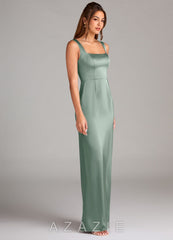 Azazie Flori Agave Sheath Side Slit Stretch Satin Dress agave