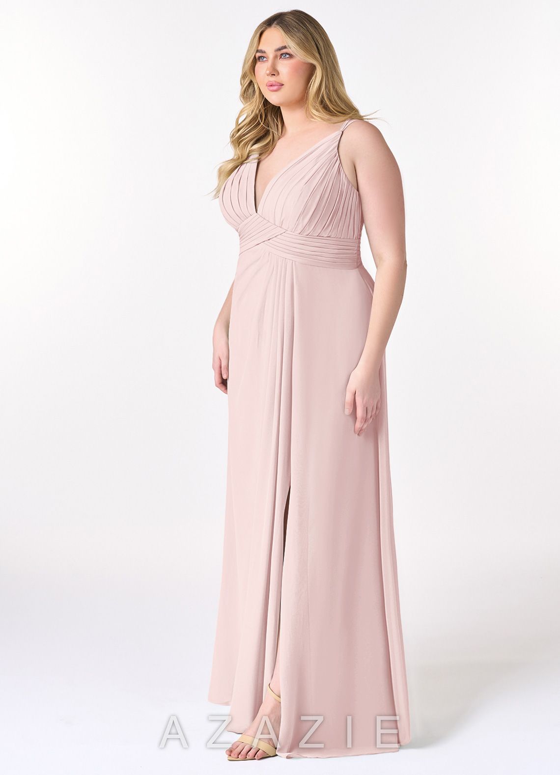 Azazie Maren Allure Blushing Pink A-Line V-Neck Lace Chiffon Dress blushing_pink