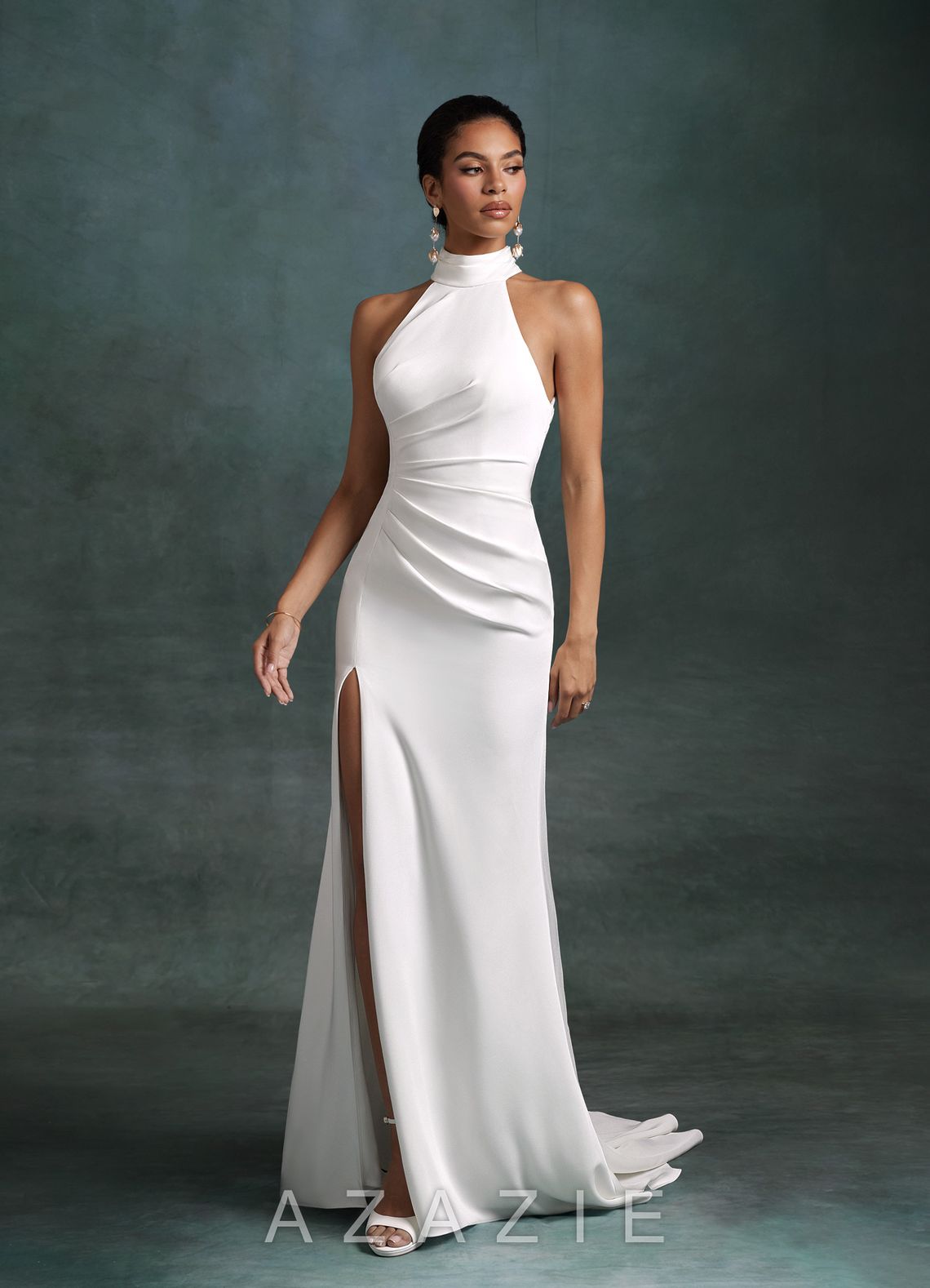 Azazie Jane Diamond White Mermaid High Neck Crepe Back Satin Dress diamond_white