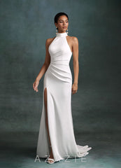 Azazie Jane Diamond White Mermaid High Neck Crepe Back Satin Dress diamond_white