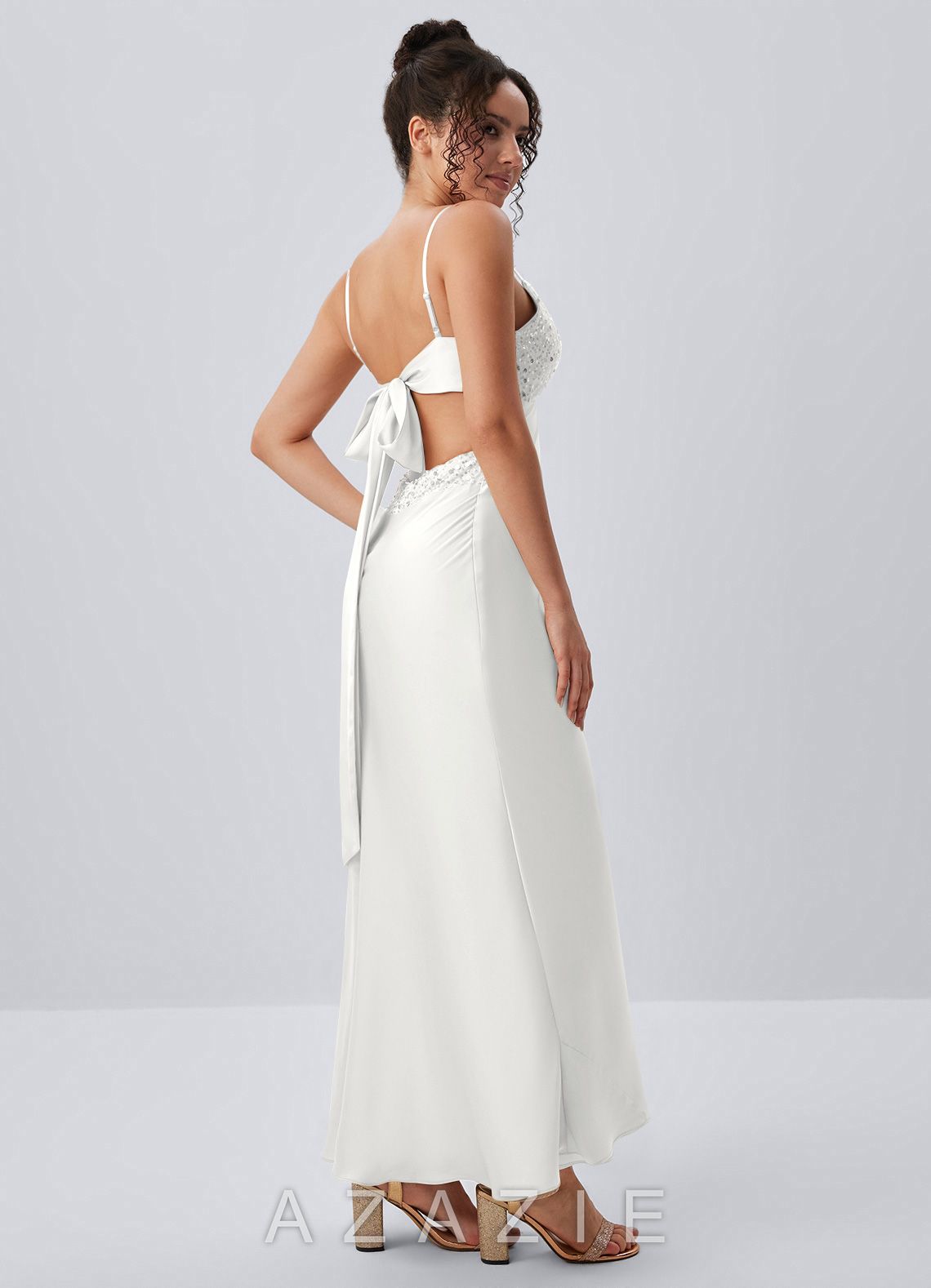 Paloma White Satin Beading Back Bow Summer Maxi Dress