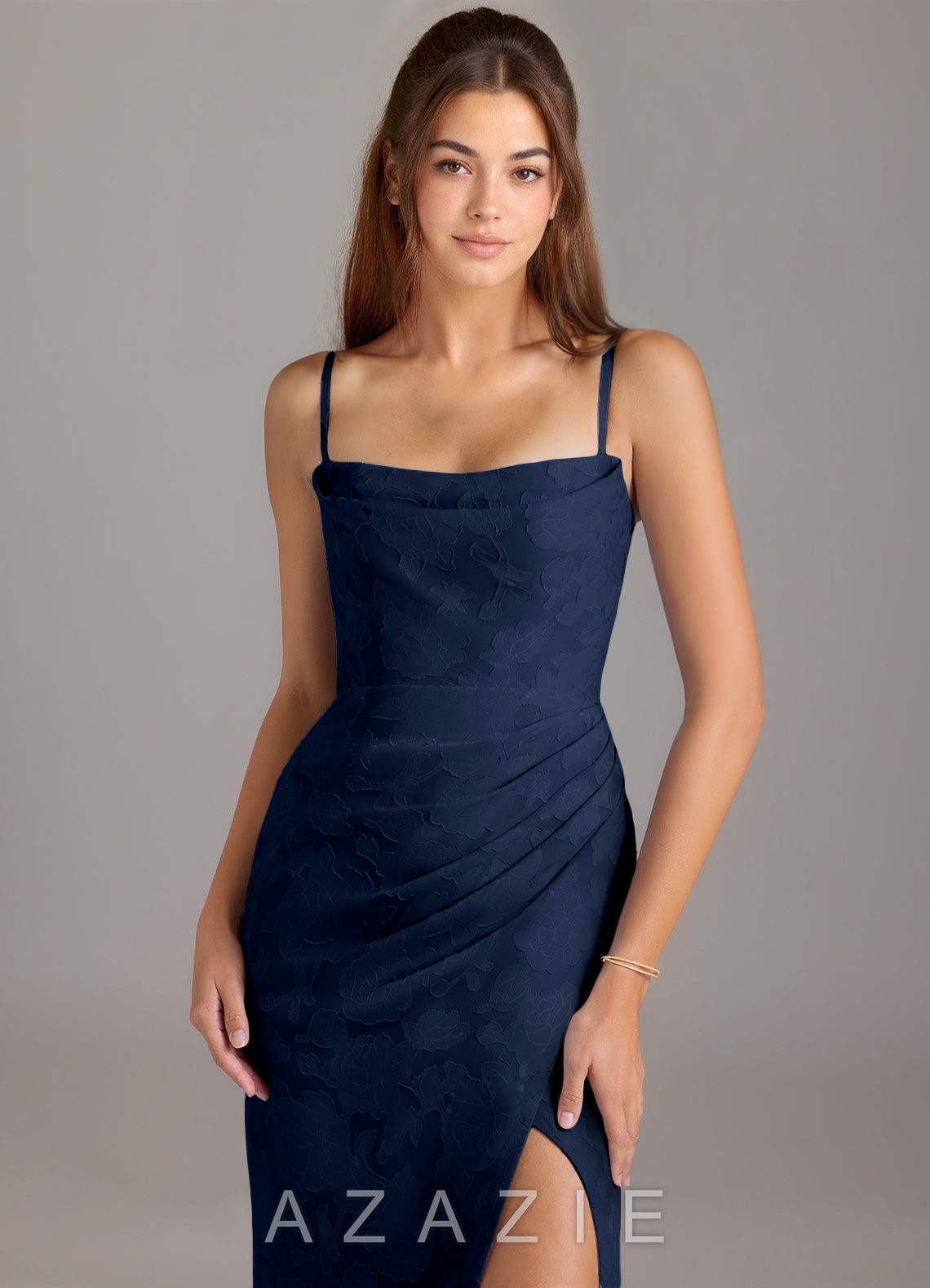 Azazie Leonis Dark Navy Sheath Strapless Floral Burnout Convertible Dress dark_navy