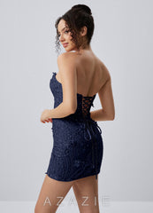 Genevrielle Navy 3D Flowers Sequin Embroidery Beading Mesh Mini Dress