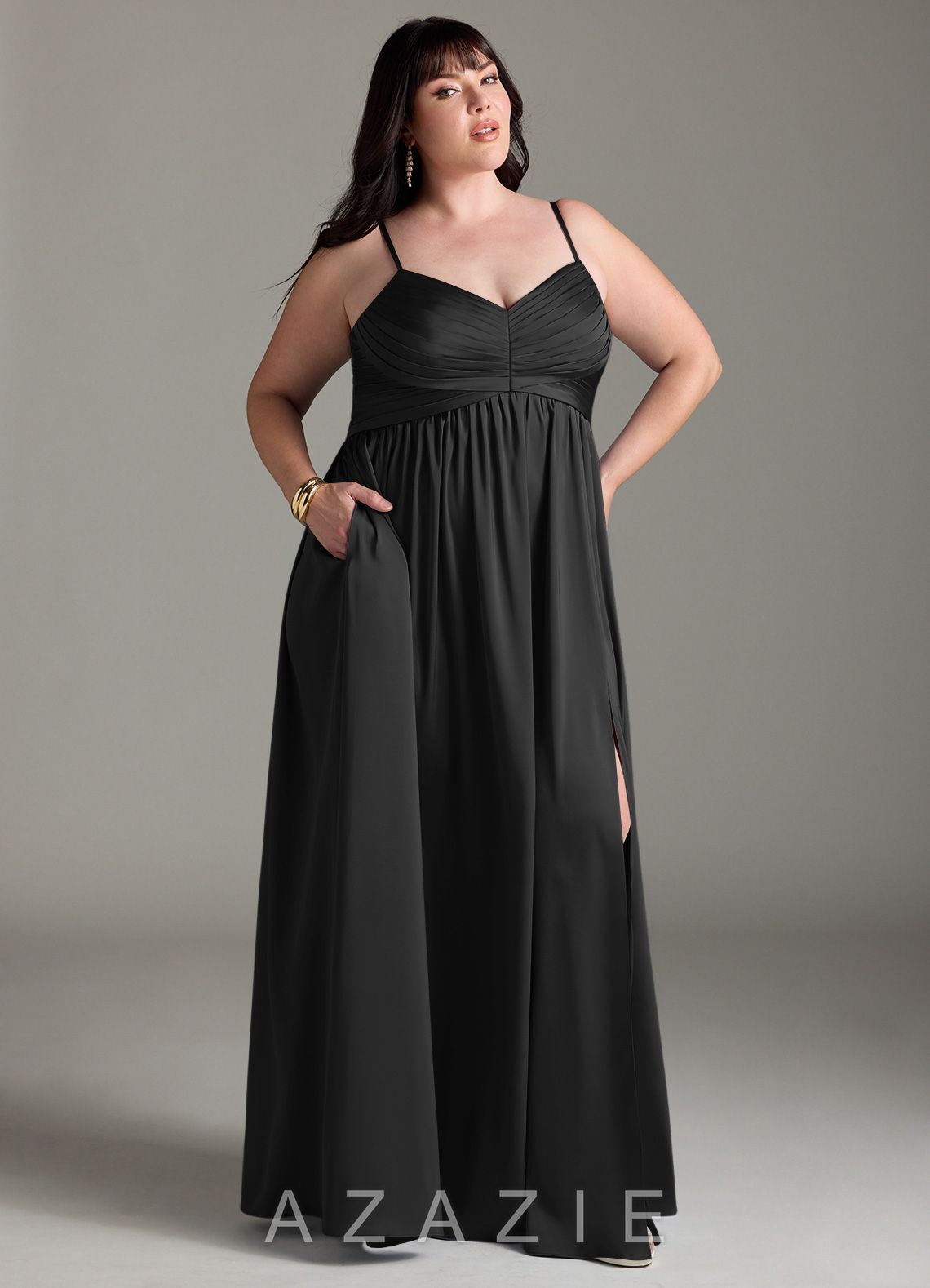 Azazie Alia Black A-Line Pleated Stretch Satin Dress black