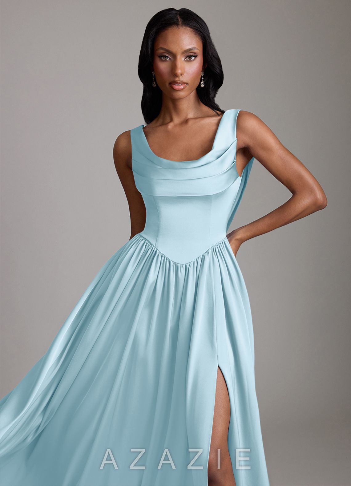 Azazie Novi Sky Blue A-Line with Pockets Stretch Satin Dress sky_blue