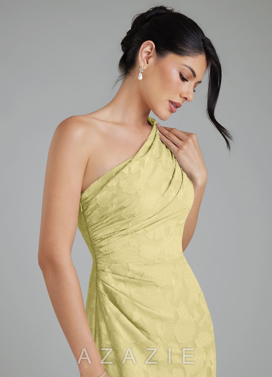 Azazie Akilah Lemon Sorbet Mermaid One Shoulder Floral Burnout Dress lemon_sorbet
