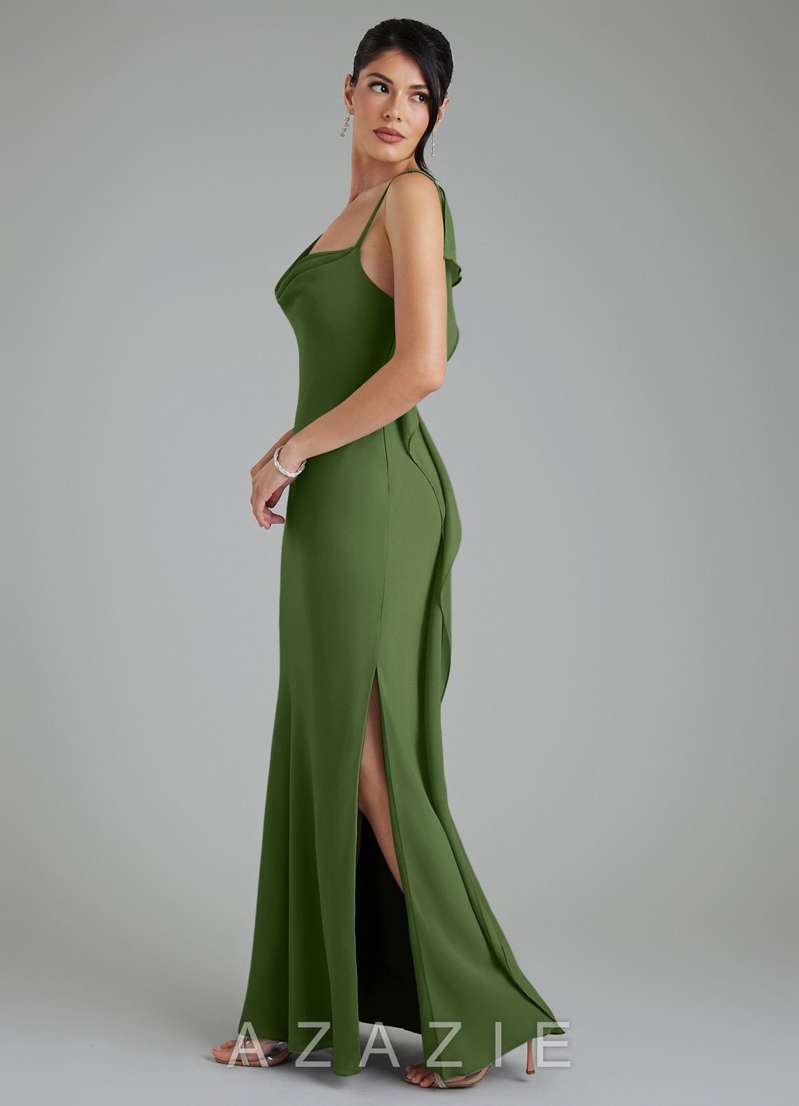 Azazie Veronica Olive Sheath Chiffon Dress olive