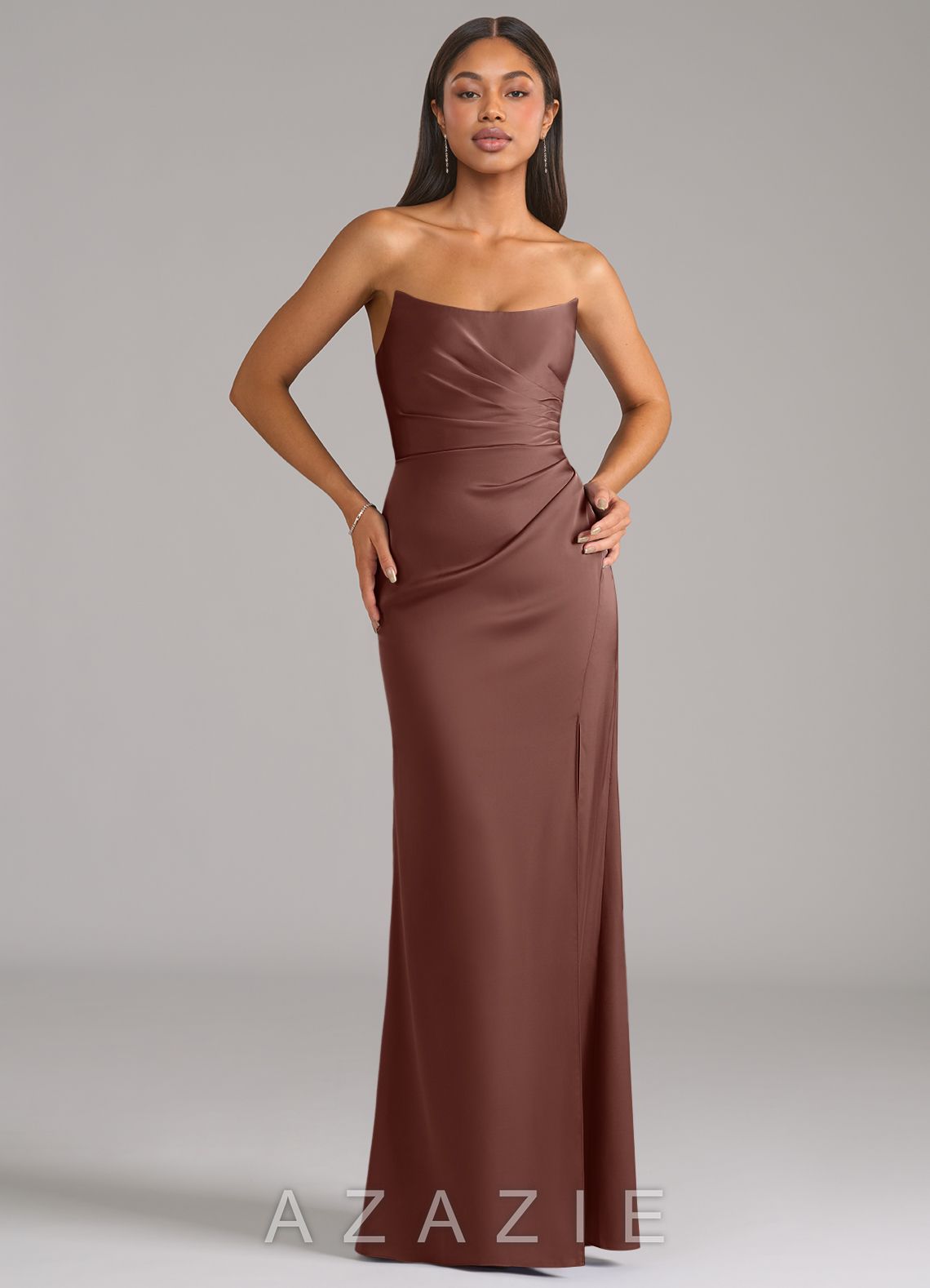 Azazie Marla Espresso Sheath Strapless Stretch Satin Convertible Dress