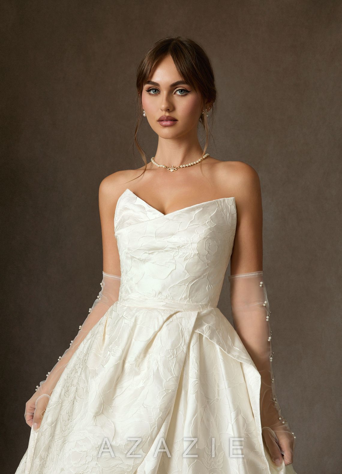 Azazie Allira Antique White Ball-Gown Strapless Floral Jacquard Dress