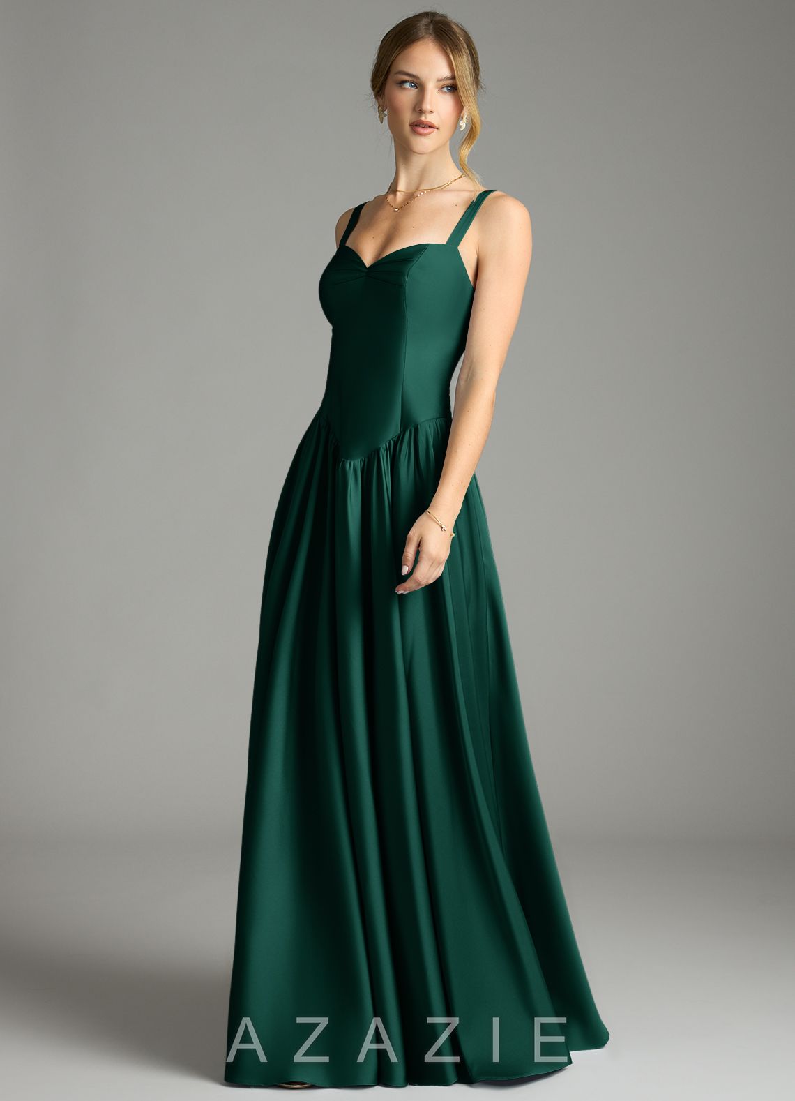 Azazie Evadina Emerald A-Line Corset Stretch Satin Dress emerald