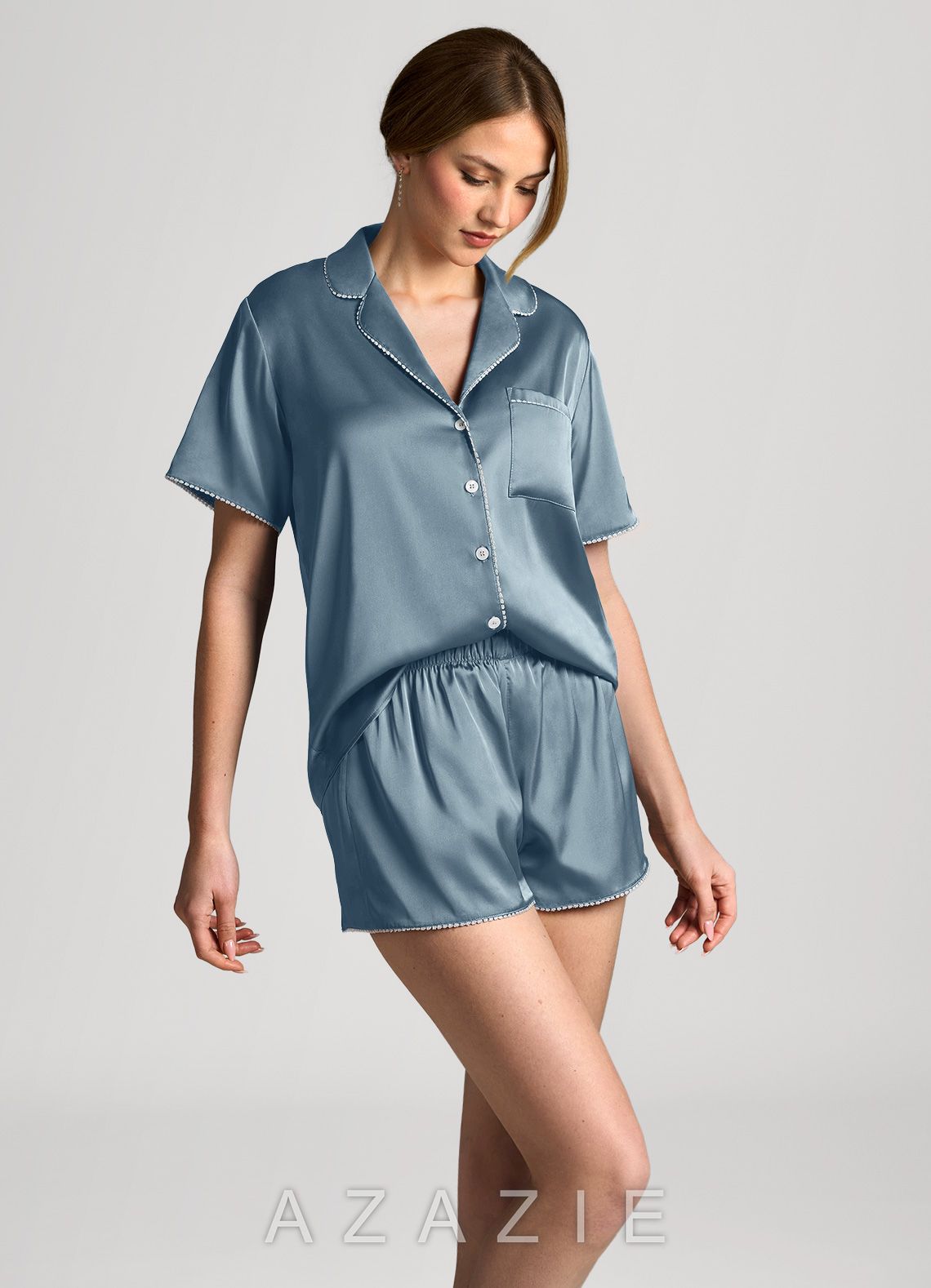 Satin Lurex Trim Short Sleeve Pajama Set