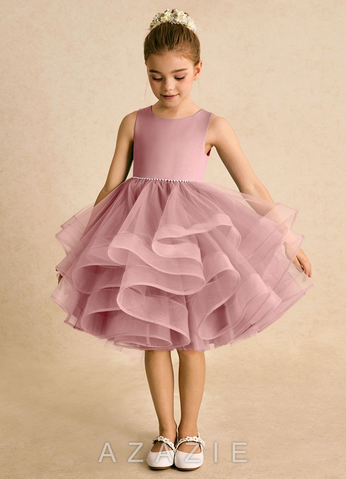 Azazie Tinie Dusty Rose Ball-Gown Bow Tulle Dress dusty_rose