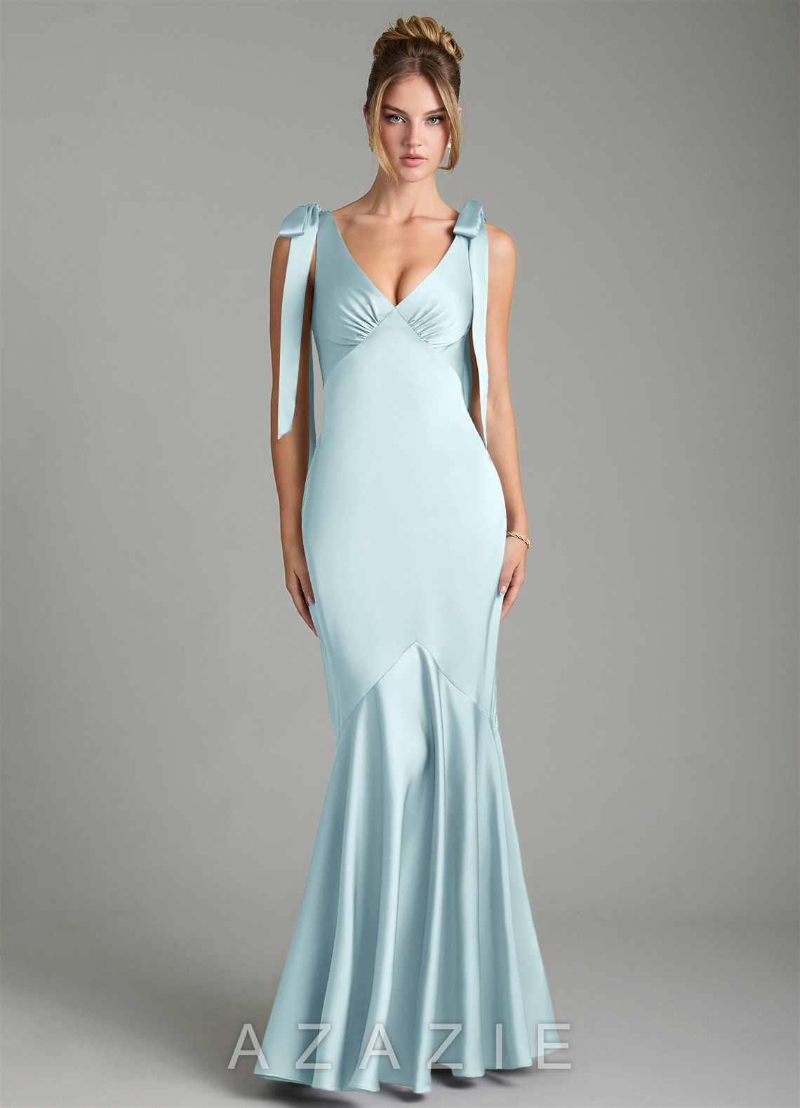 Azazie Alena Cloud Blue Mermaid Pleated Stretch Satin Dress