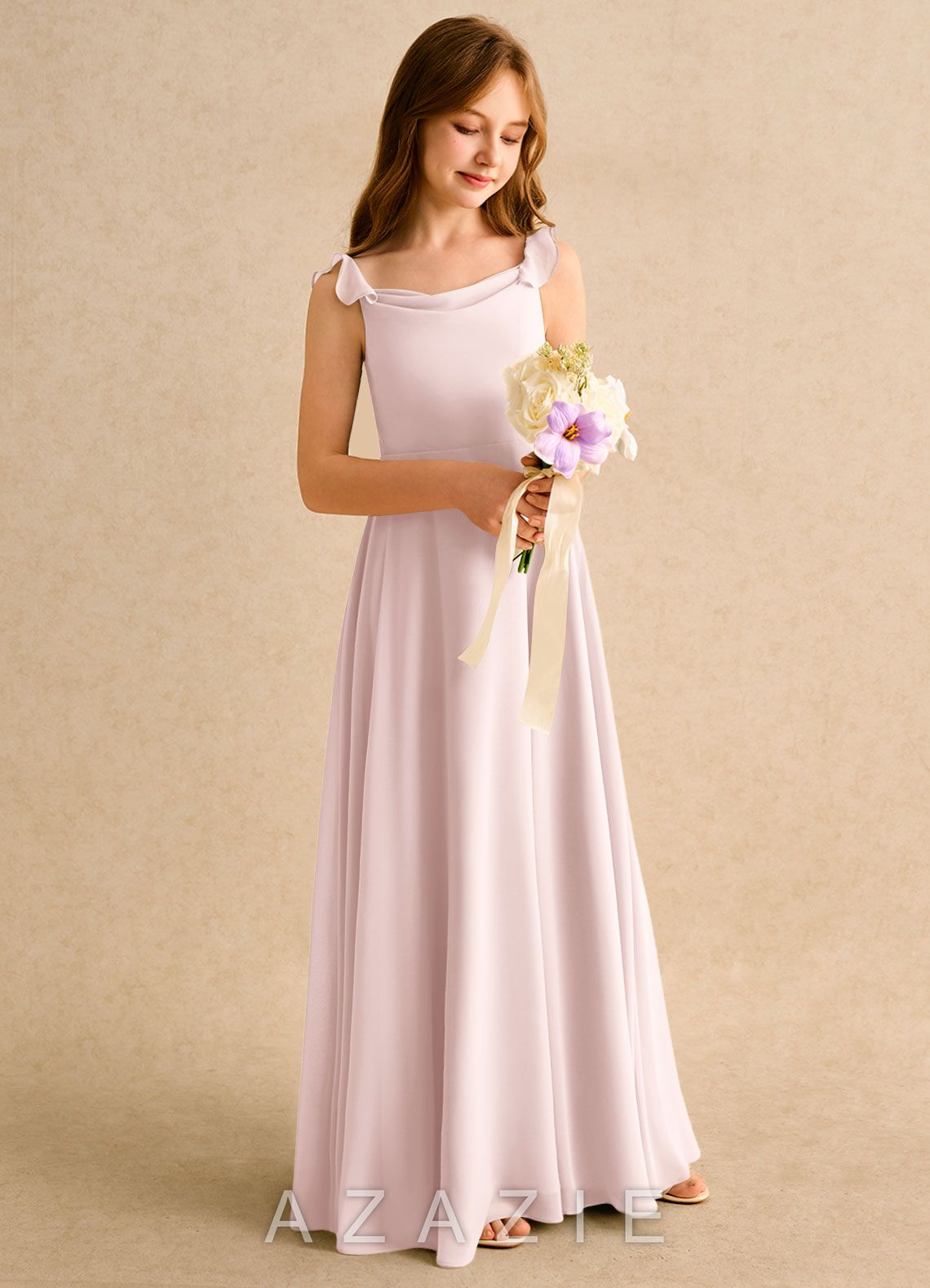 Azazie Puppy Girls Formal Blushing Pink A-Line Pleated Chiffon Dress