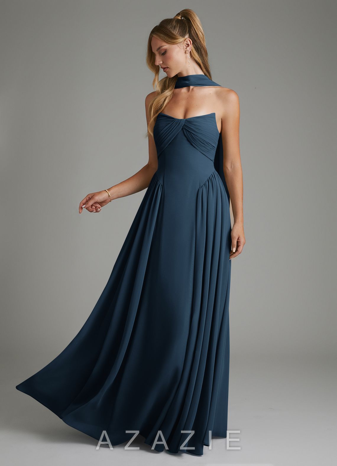 Azazie Evan Dark Navy A-Line Strapless Chiffon Dress