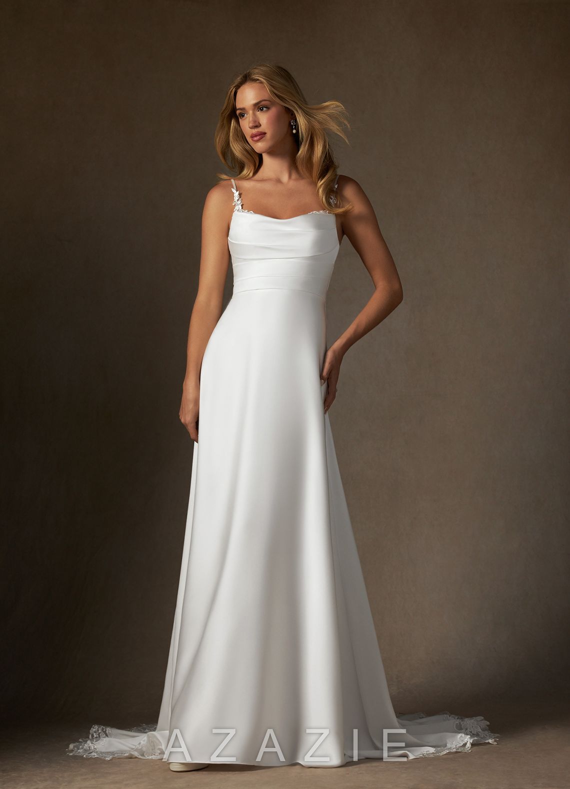 Azazie Sable Wedding Dress Diamond White A-Line Lace Stretch Satin Dress