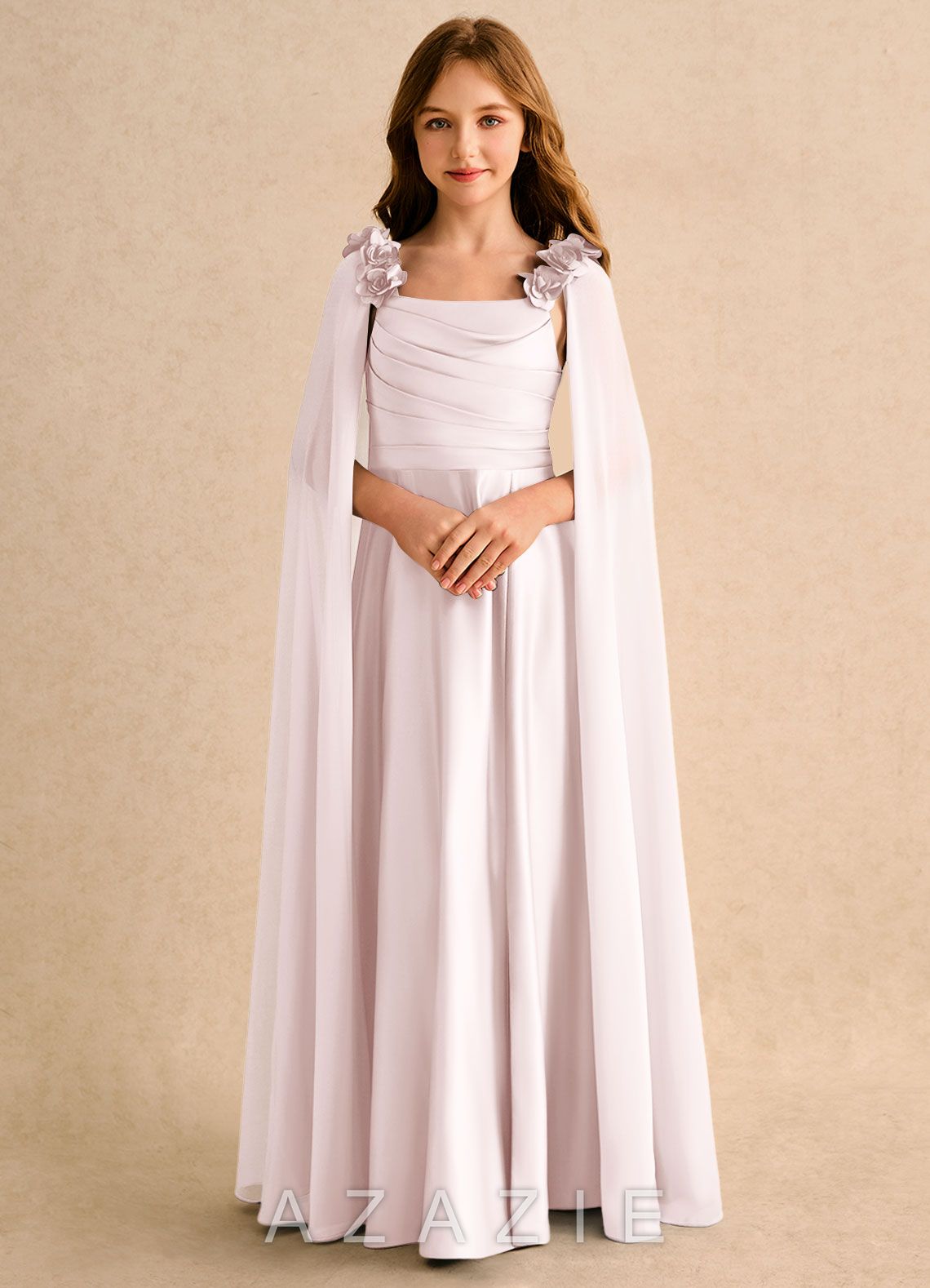 Azazie Rosita Girls Formal Blushing Pink A-Line Pleated Matte Satin Dress blushing_pink