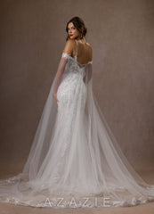 Azazie Leonie Wedding Dress Diamond White Mermaid V-Neck Sequins Tulle Dress diamond_white