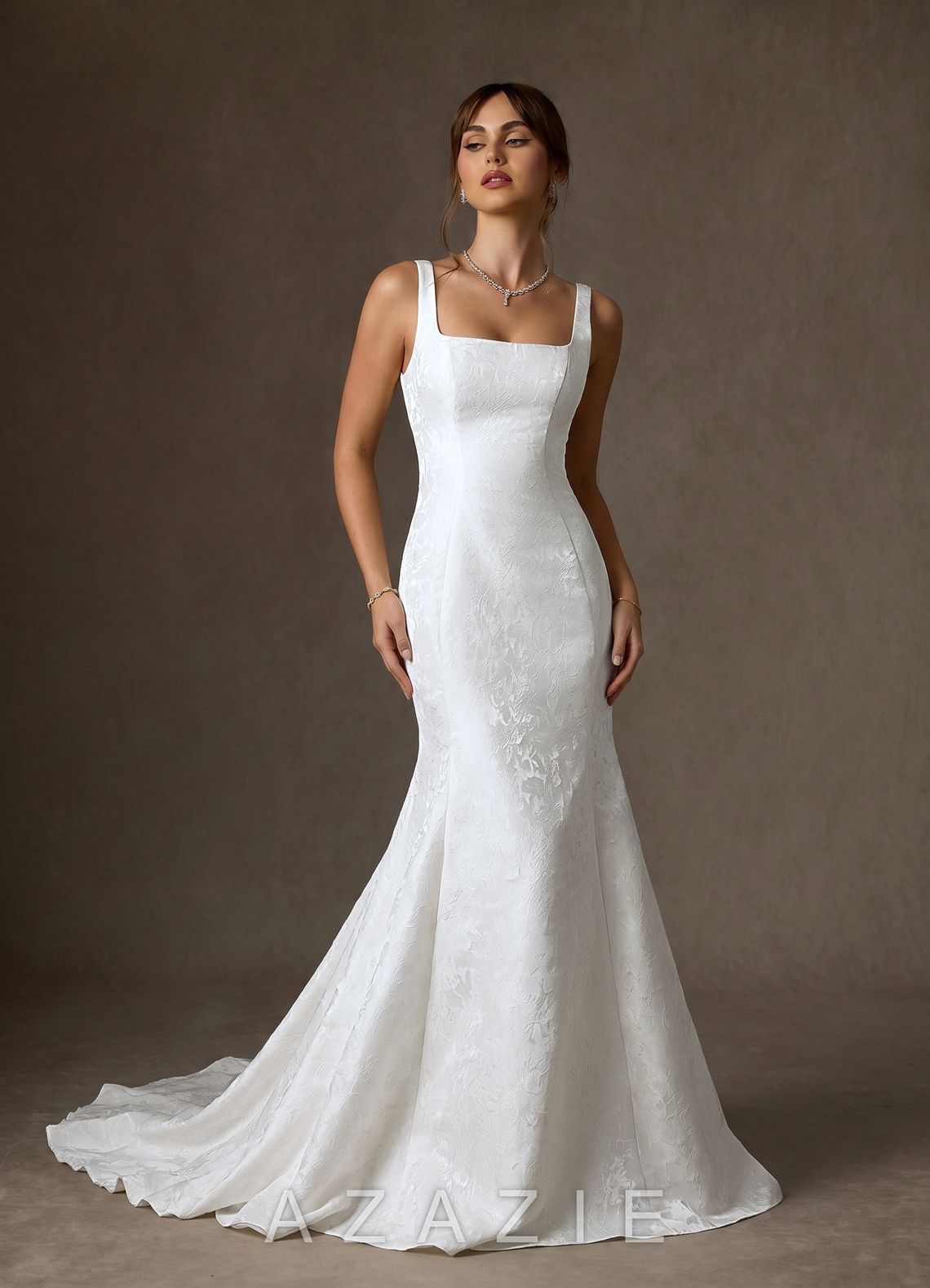 Azazie Quinn Diamond White Mermaid Square Neckline Floral Jacquard Dress