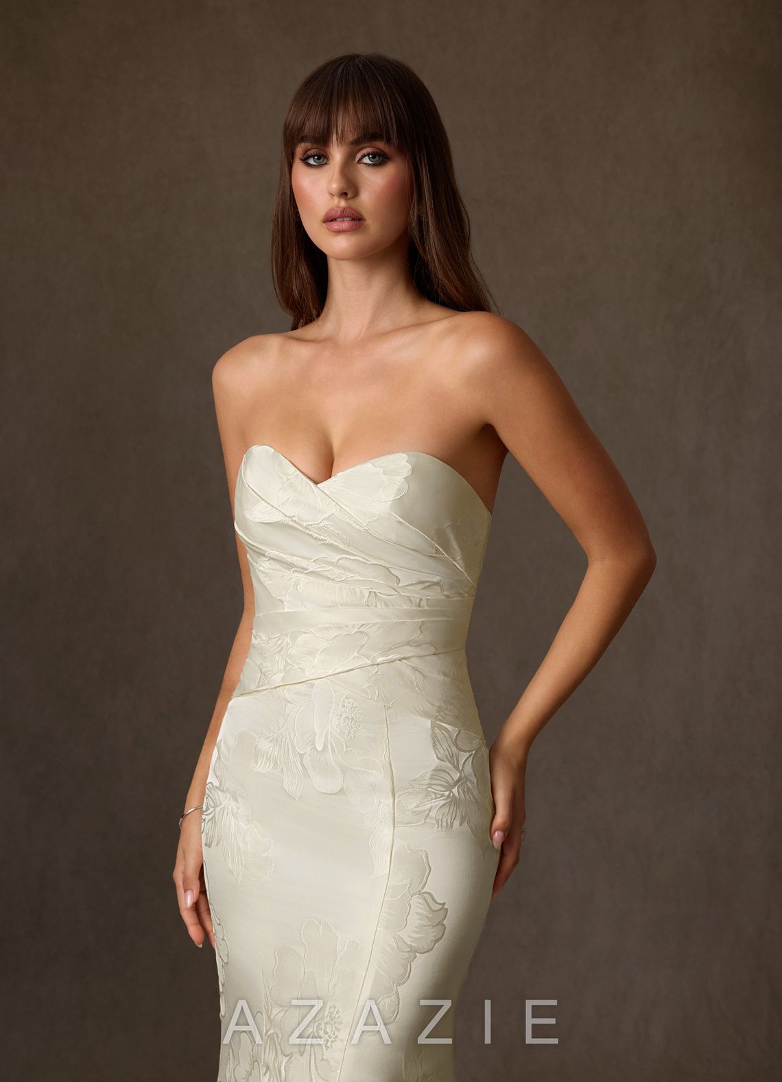 Azazie Nita Cream Mermaid Strapless Floral Jacquard Dress cream