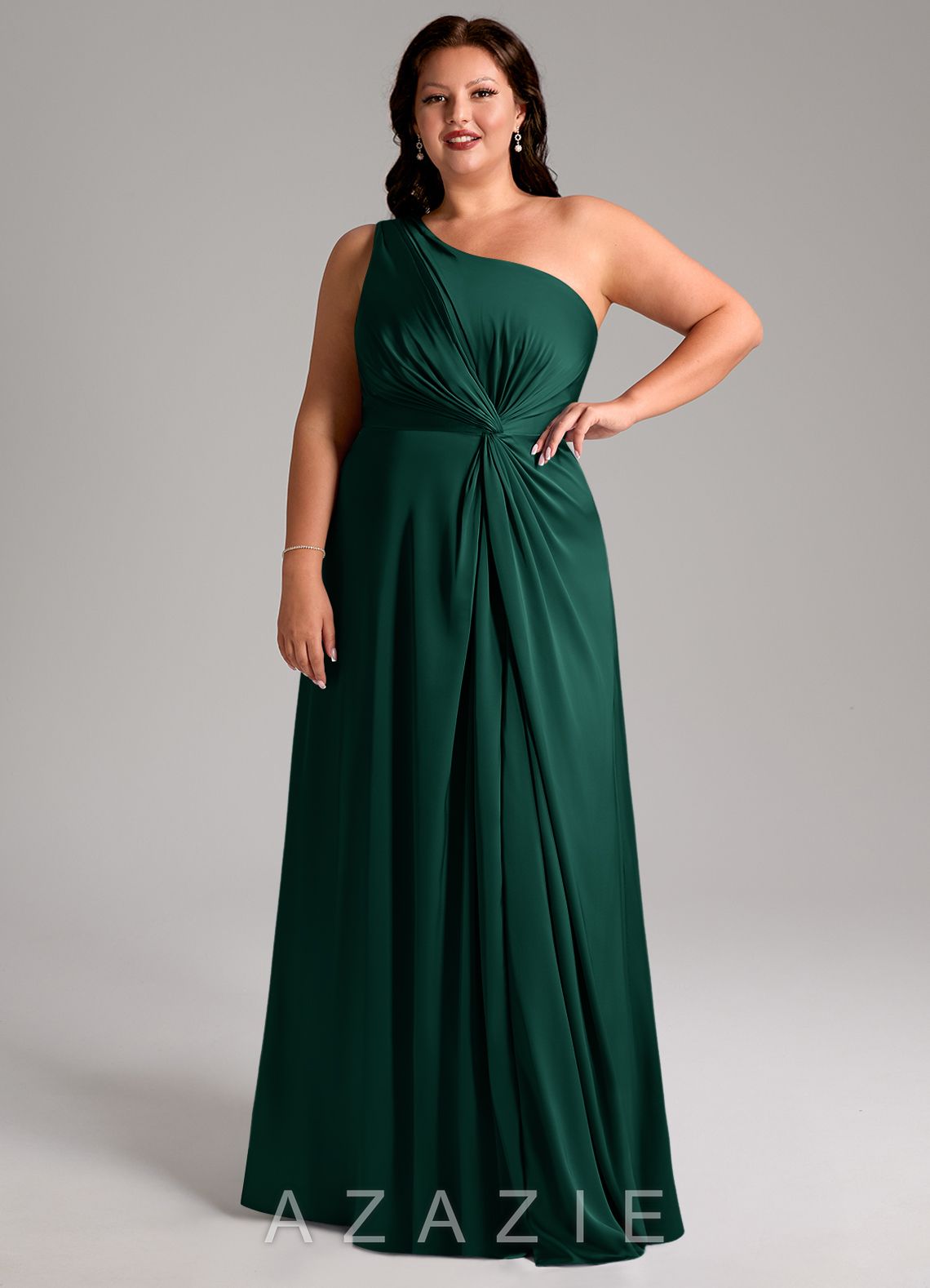 Azazie Brooke Emerald A-Line One Shoulder Stretch Satin Dress emerald