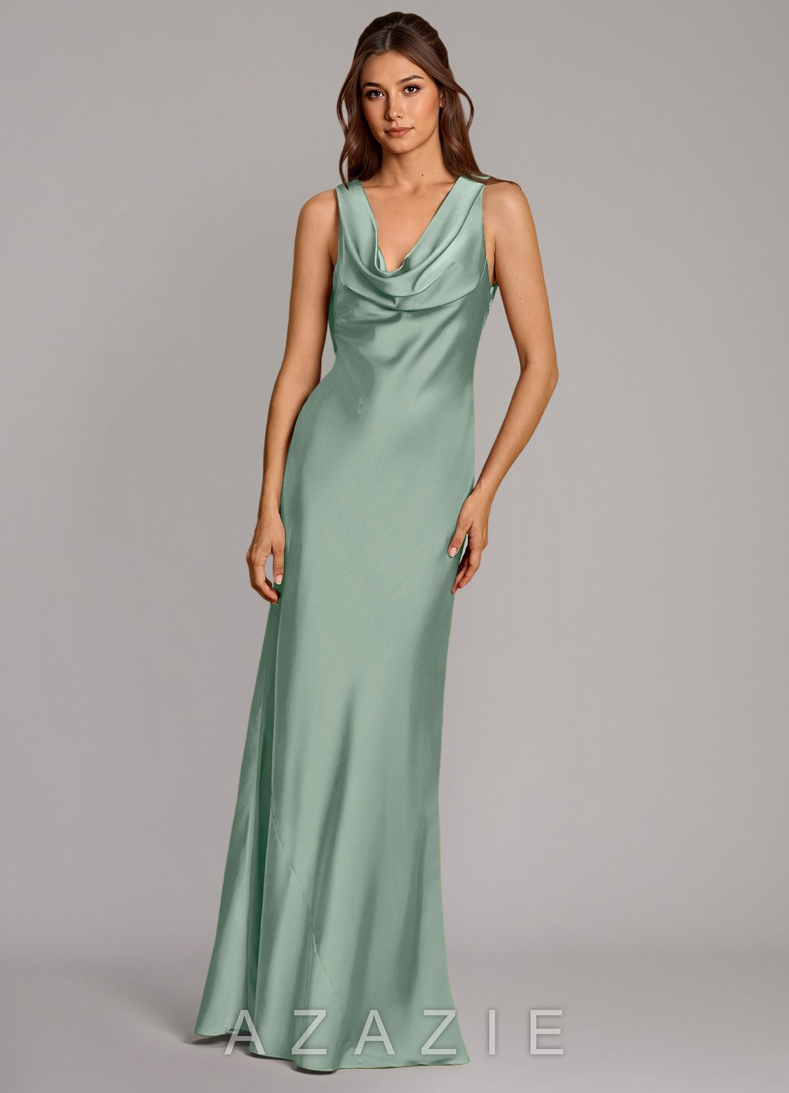 Azazie Cheryl Agave Mermaid Stretch Satin Dress agave