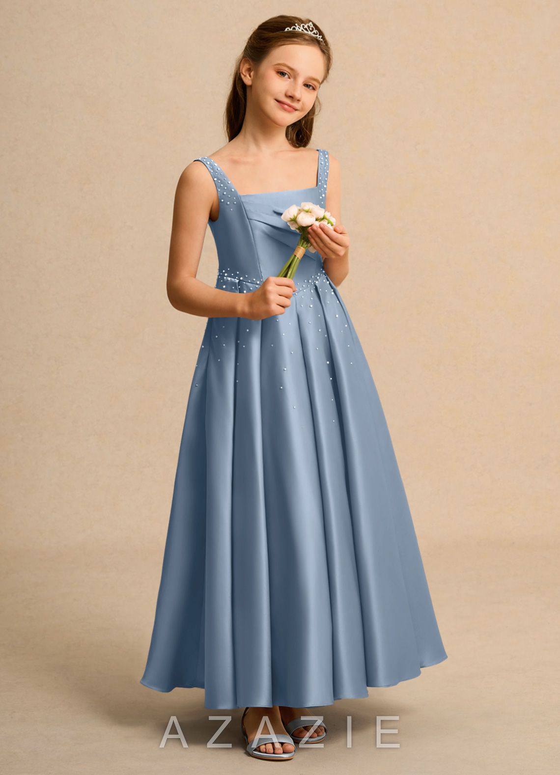 Azazie Mochi Girls Formal Dusty Blue Ball-Gown Pleated Matte Satin Dress dusty_blue