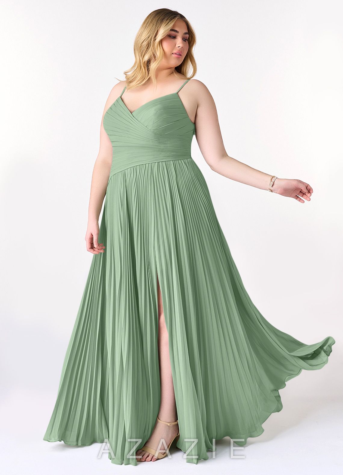 Azazie Vini Matcha A-Line V-Neck Pleated Chiffon Dress matcha
