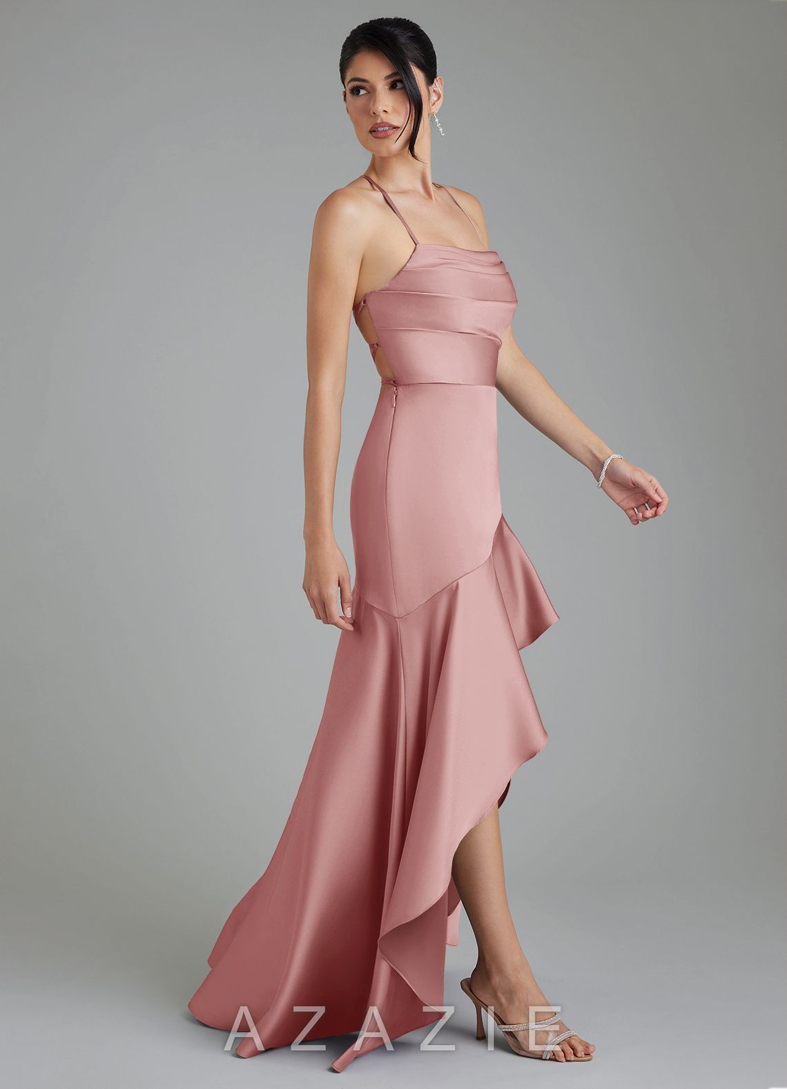 Azazie Jaslene Dusty Rose A-Line Corset Stretch Satin Dress dusty_rose
