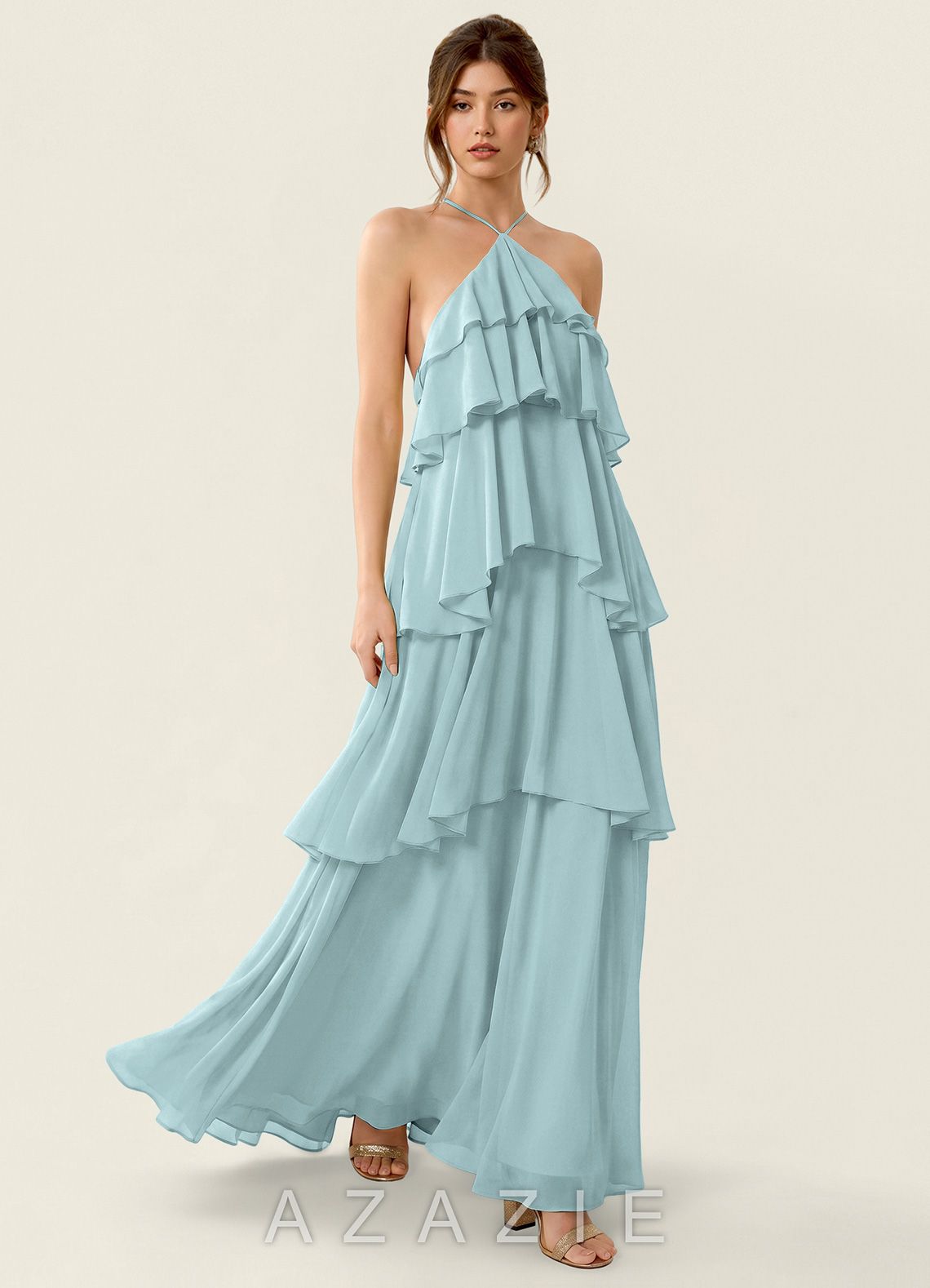 Nevieve Mist Satin Faced Chiffon Ruffles Summer Dress