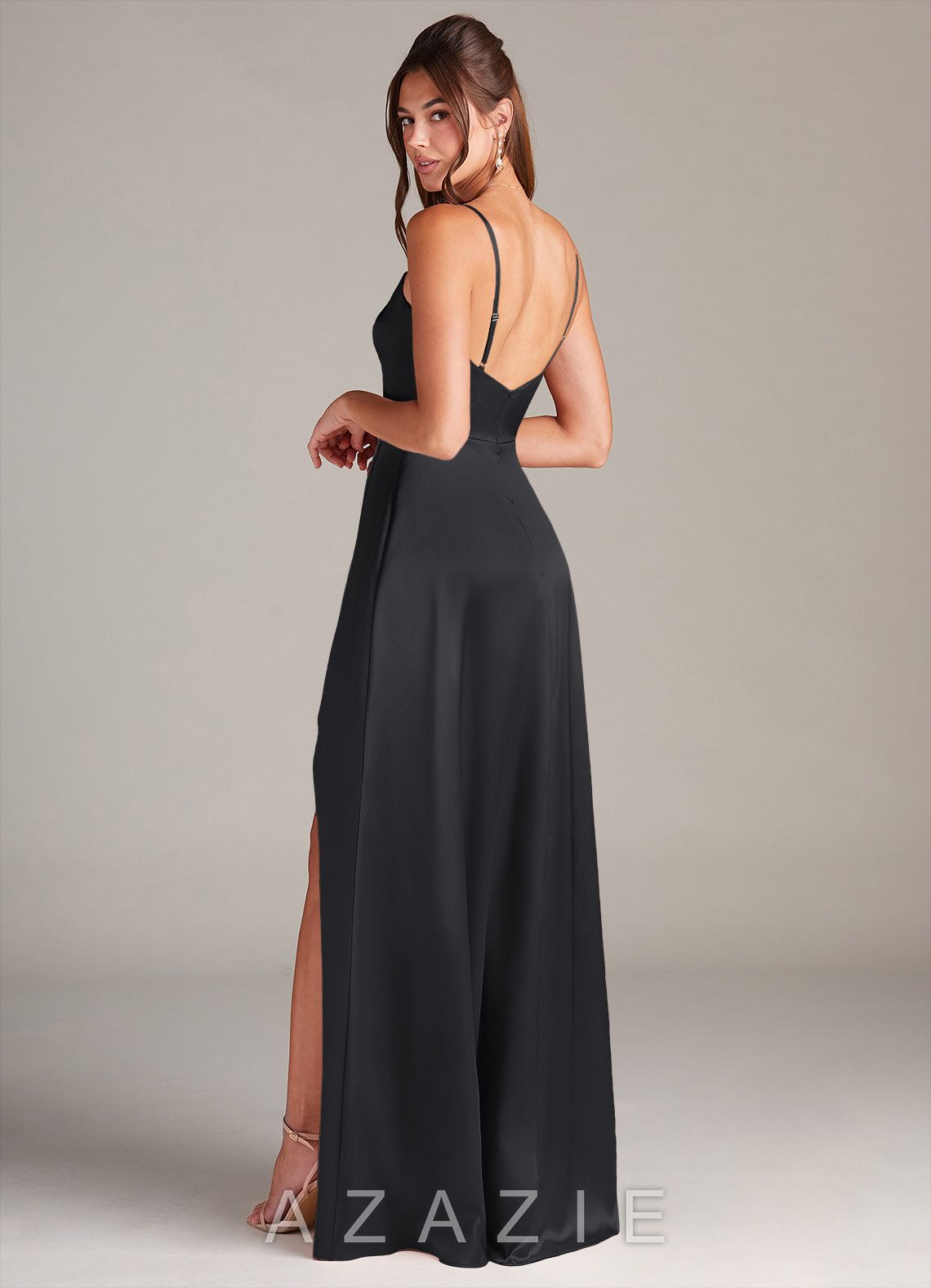 Azazie Sarella Black A-Line Pleated Stretch Satin Dress black