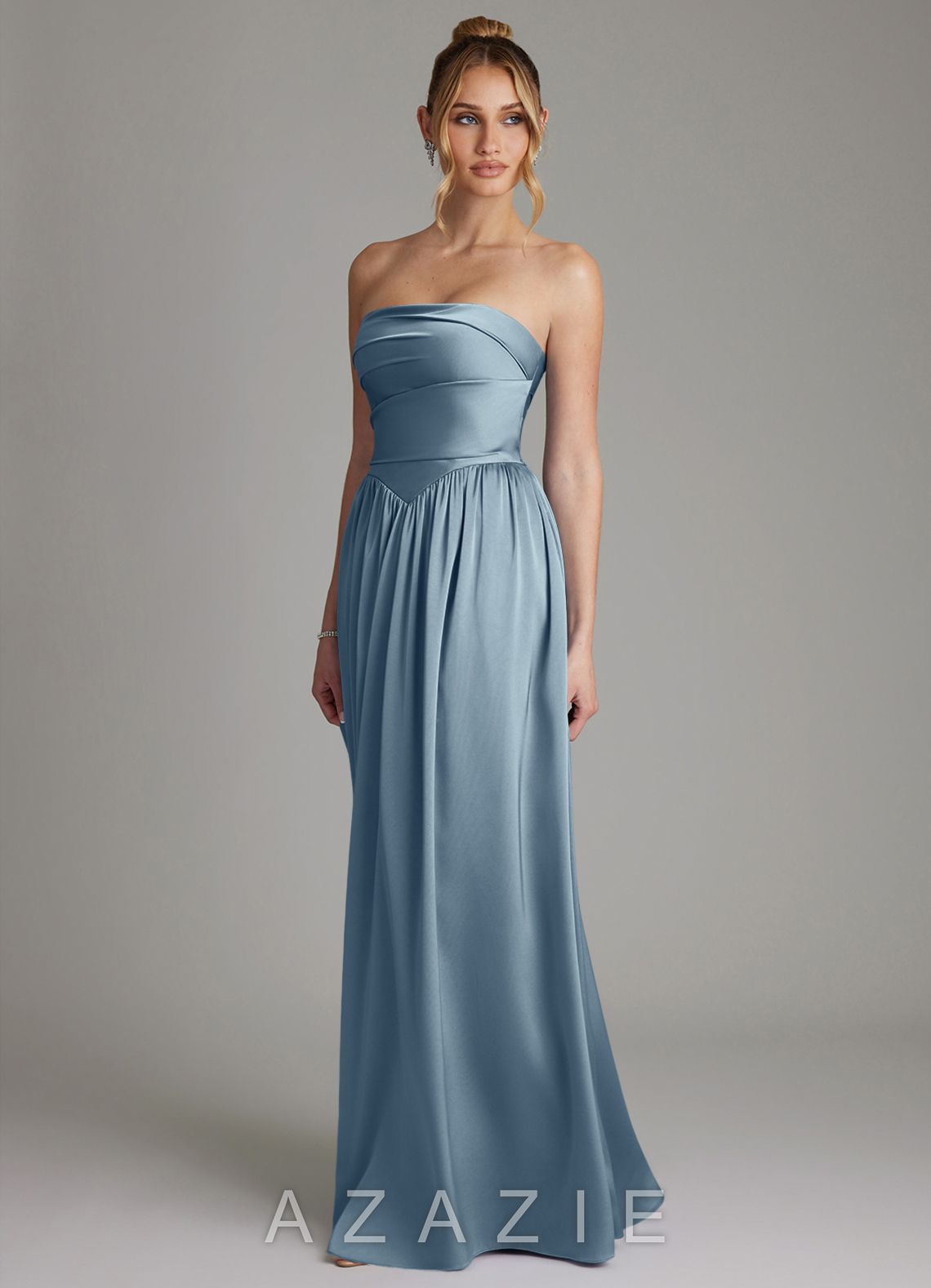 Azazie Zena Dusty Blue A-Line Strapless Stretch Satin Dress dusty_blue