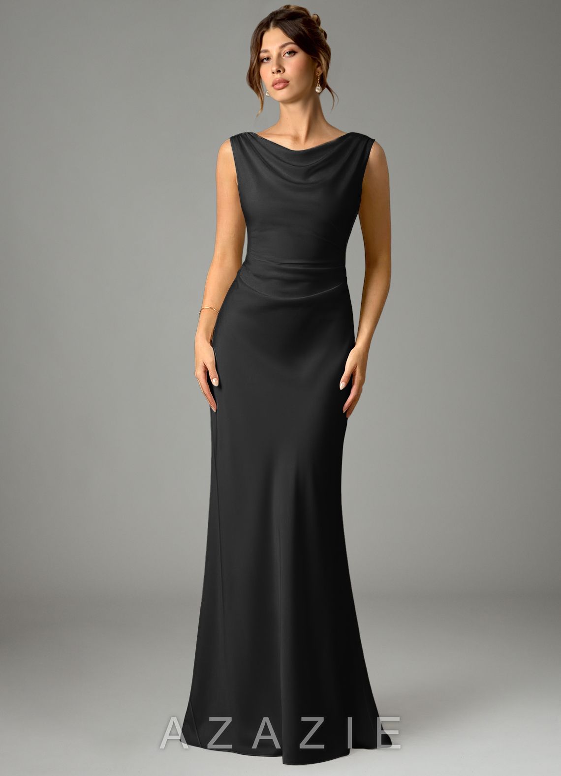 Azazie Kieryn Black Mermaid Pleated Stretch Satin Dress