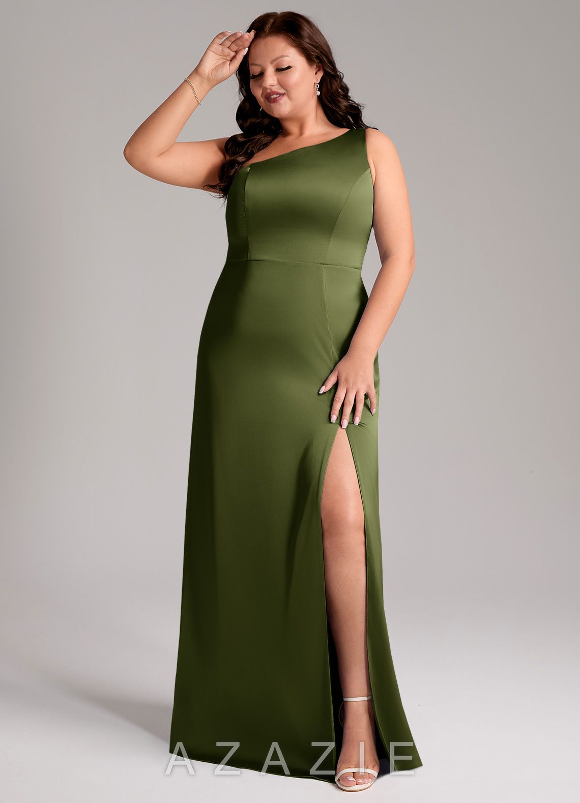 Azazie Phaedra Olive A-Line One Shoulder Stretch Satin Dress olive