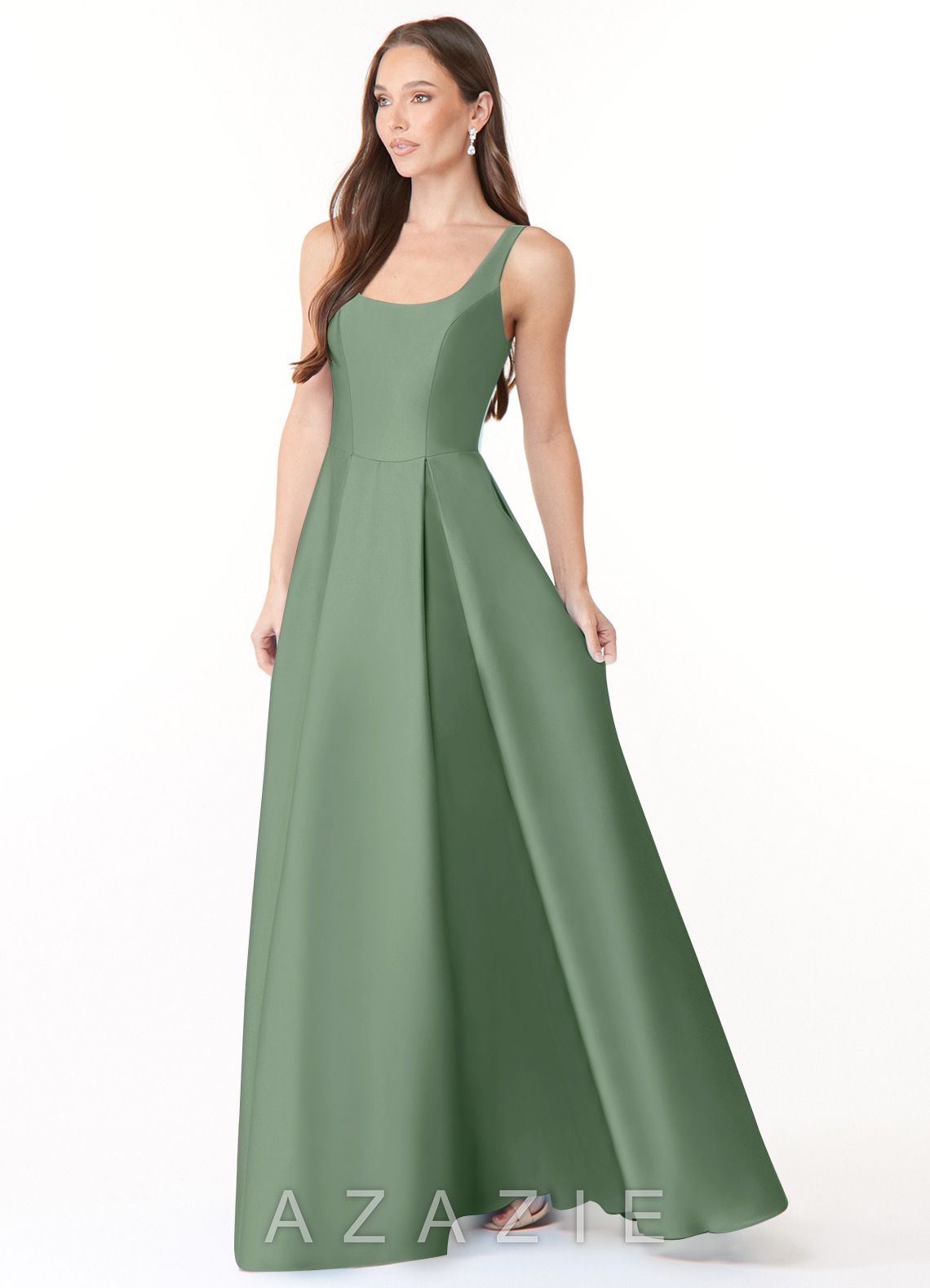 Azazie Neve Matcha Ball-Gown with Pockets Stretch Satin Dress matcha