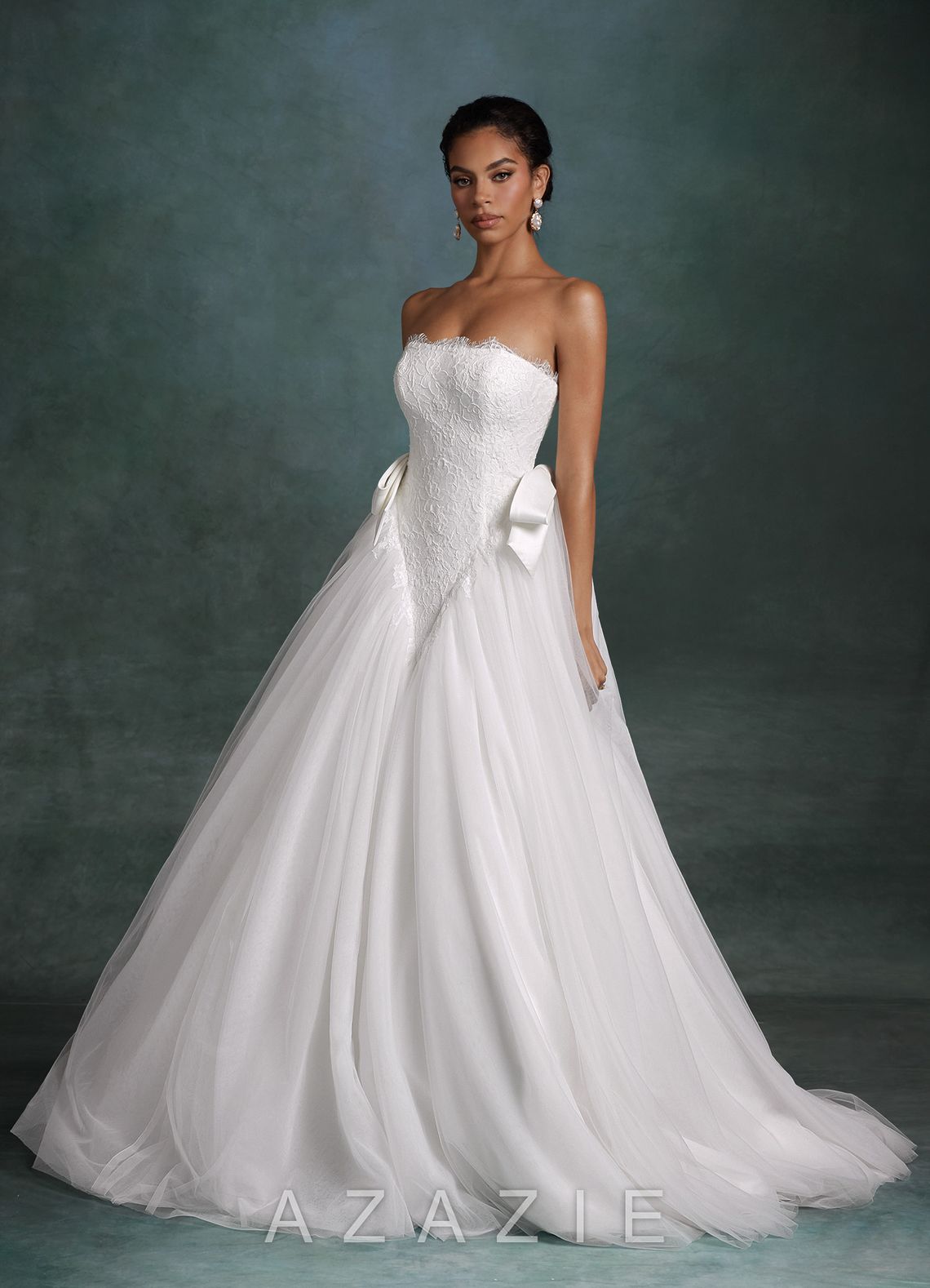 Azazie Raya Diamond White Ball-Gown Strapless Tulle Dress diamond_white