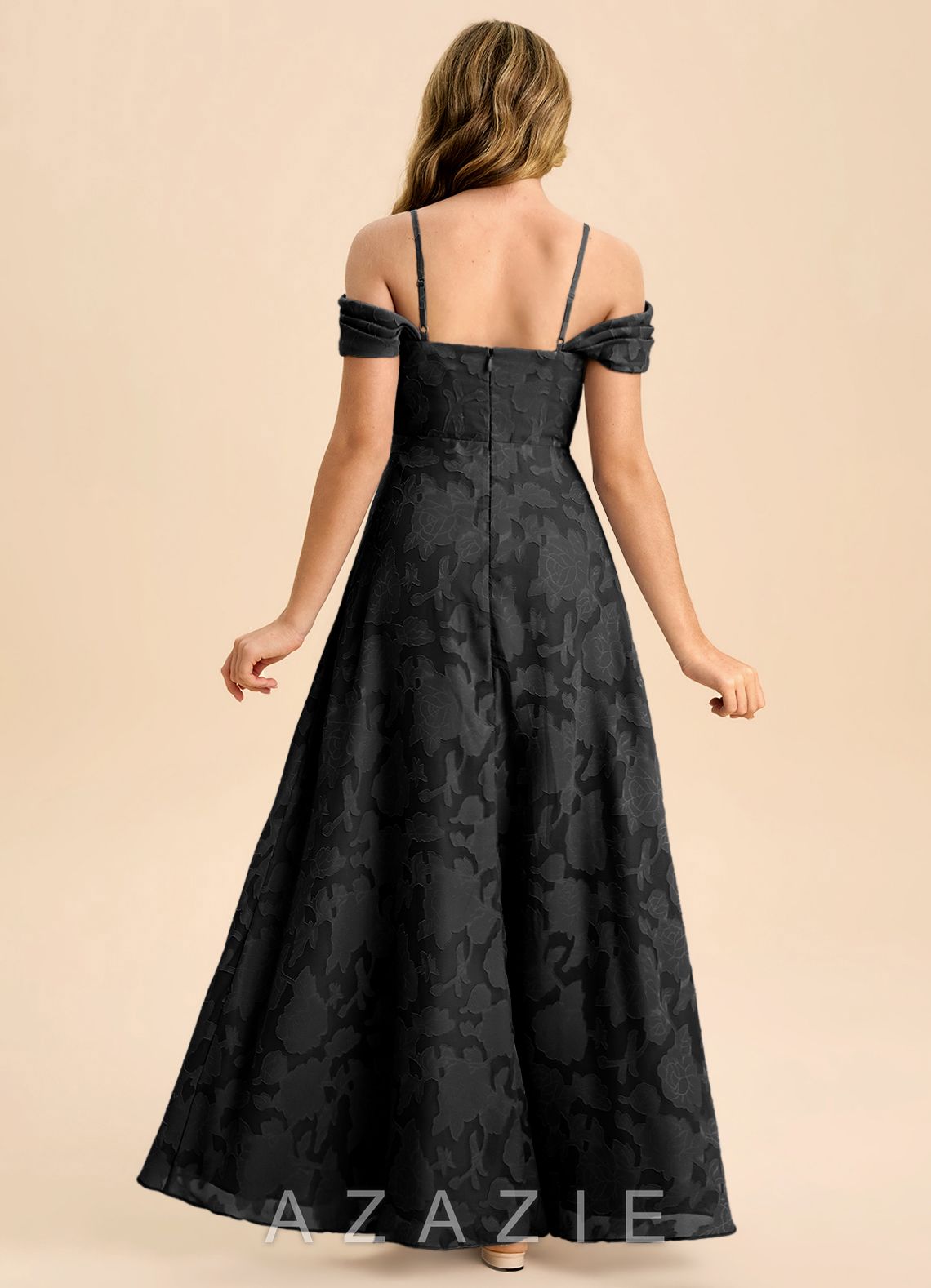 Azazie Anselie Junior Black A-Line Off the Shoulder Floral Burnout Dress black