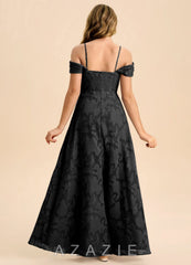 Azazie Anselie Junior Black A-Line Off the Shoulder Floral Burnout Dress black