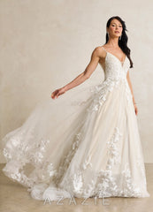 Azazie Rhodes Wedding Dress Diamond White Champagne A-Line V-Neck Sequins Tulle Dress
