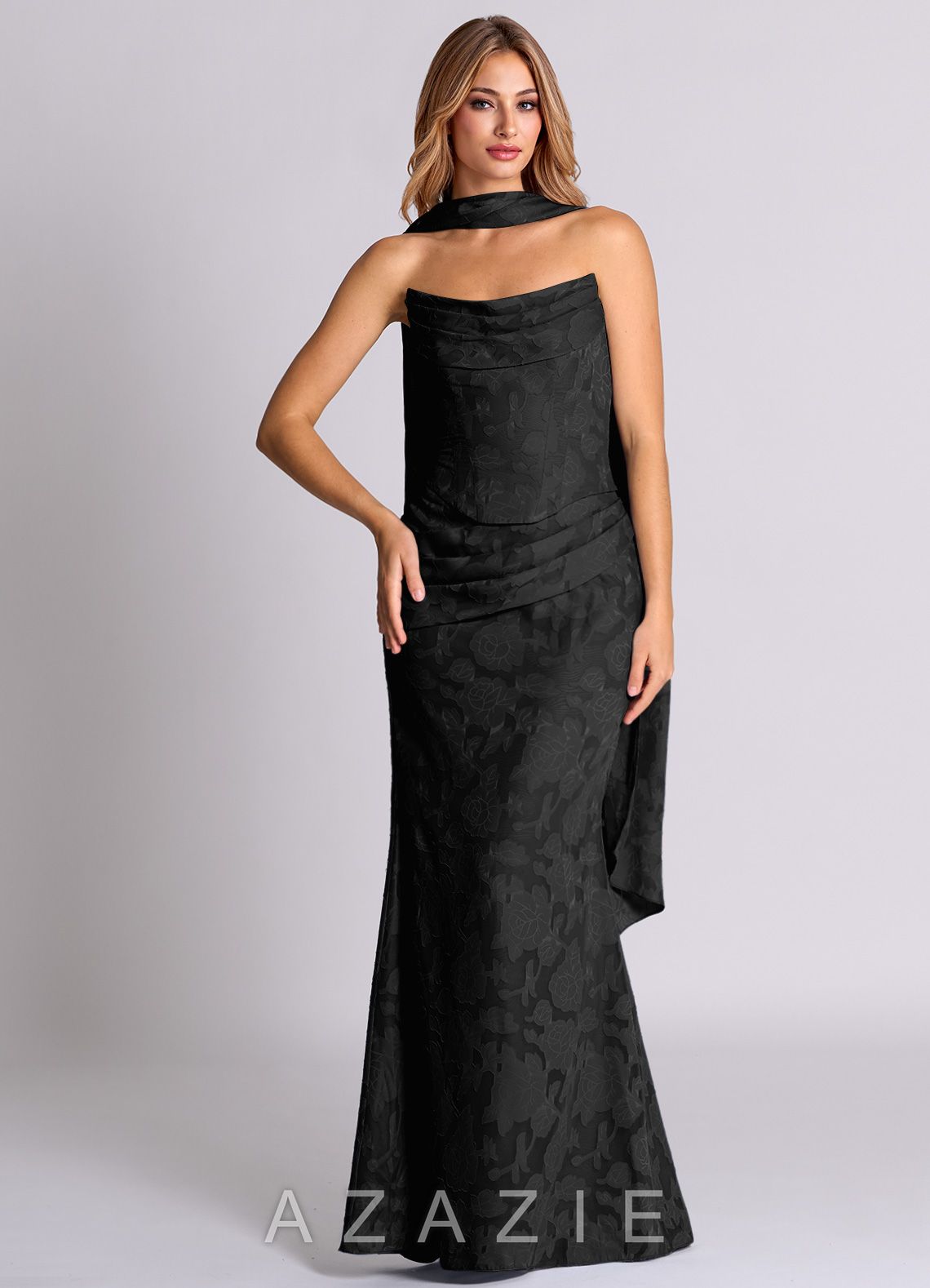 Azazie Sorrel Black Mermaid Corset Floral Burnout Convertible Dress black
