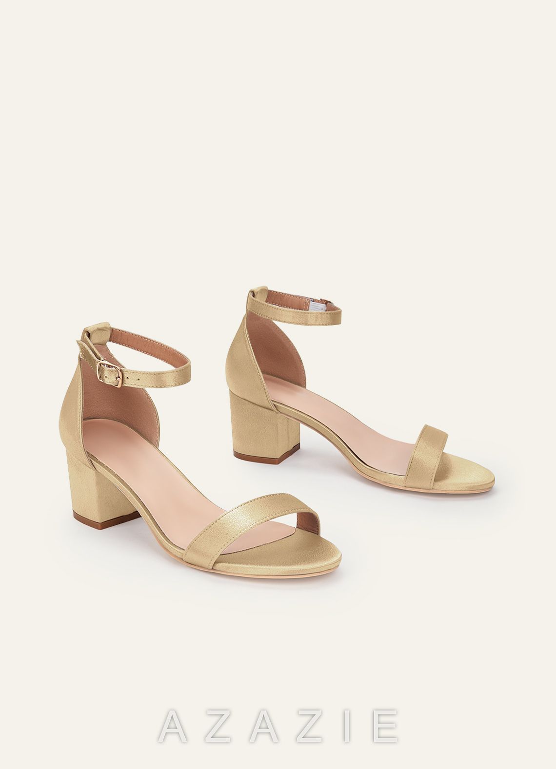 Matching Color Metallic Satin One Strap Buckle Block Heel Sandals  champagne
