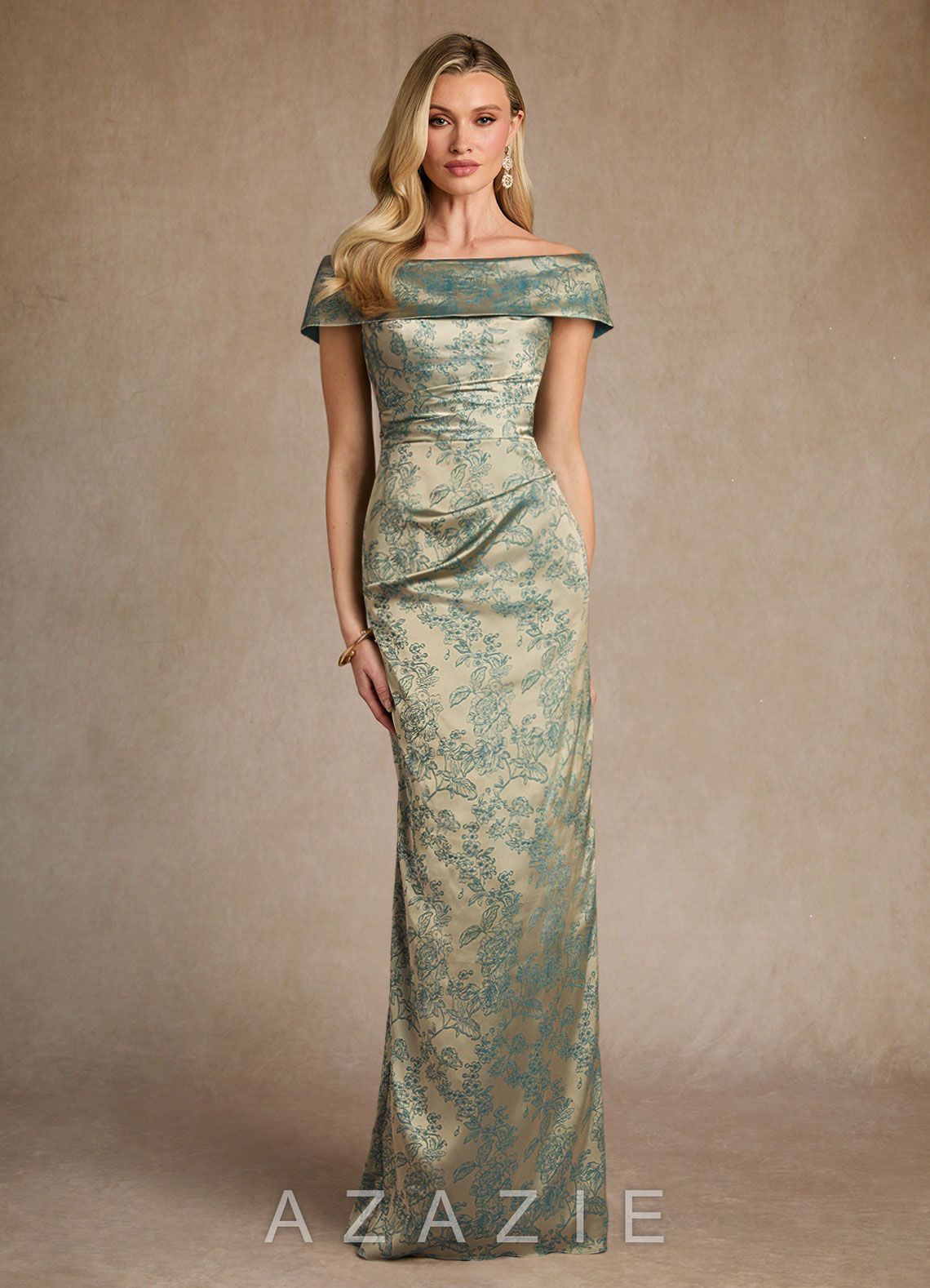 Azazie Kenosha Platinum Teal Sheath Off the Shoulder Floral Jacquard Dress