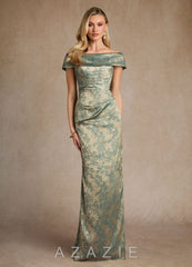Azazie Kenosha Platinum Teal Sheath Off the Shoulder Floral Jacquard Dress