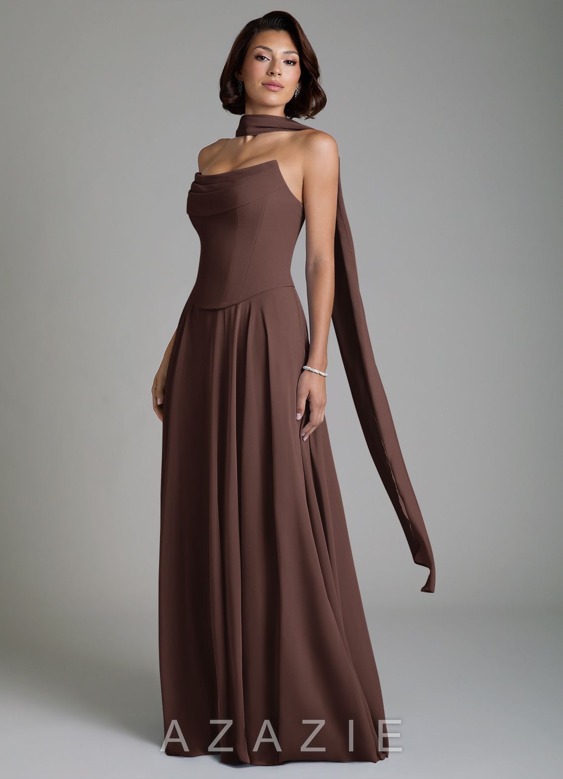 Azazie Ira Ganache A-Line Corset Chiffon Dress ganache