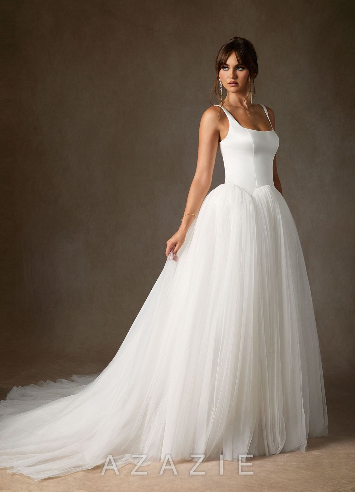 Azazie Samirah Diamond White A-Line Detachable Train Double Faced Satin Dress